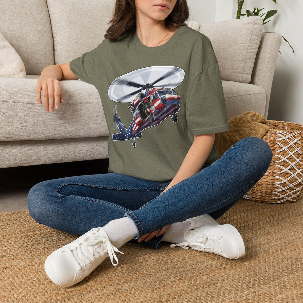 Heather Military Green T-shirt with red rescue helicopter graphic on front