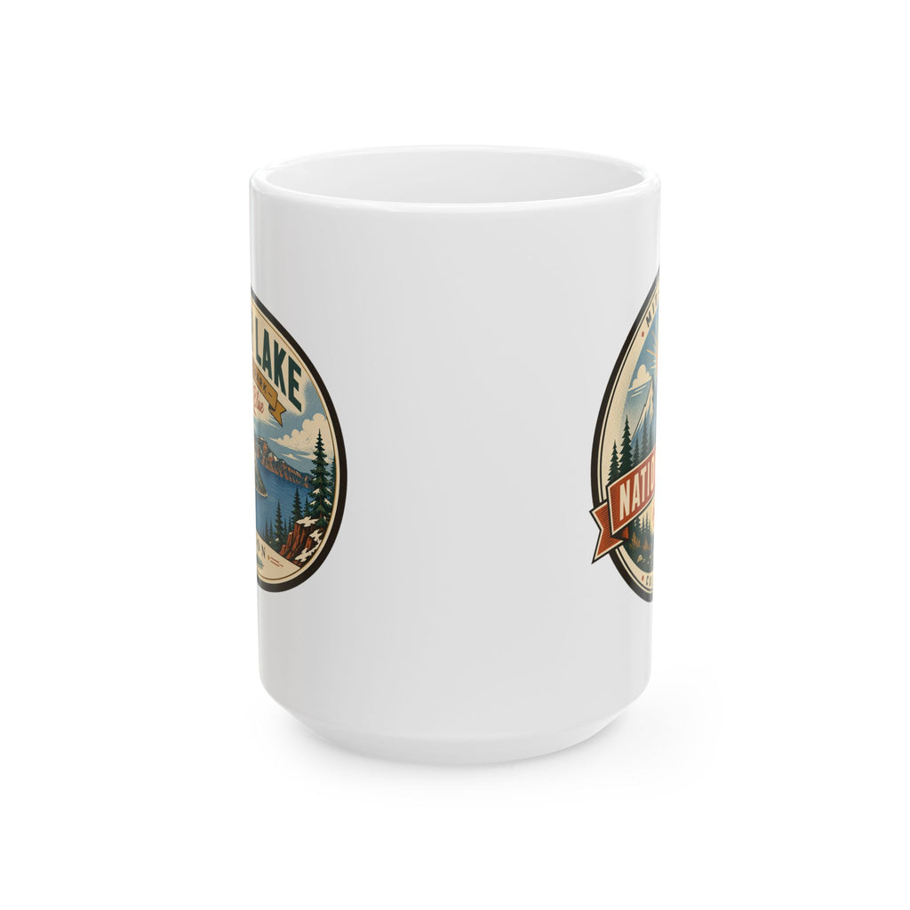 White ceramic mug with partial park logo print on back, no handle view