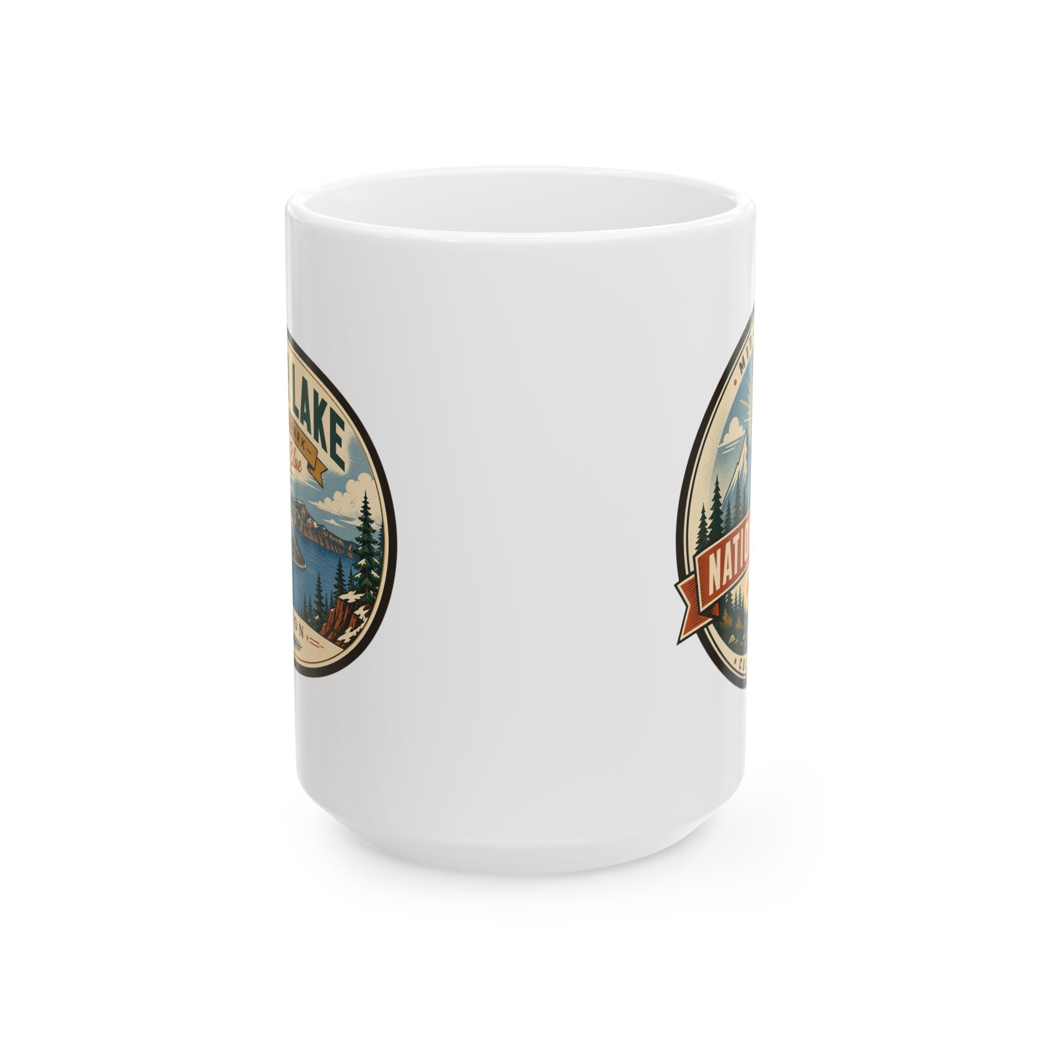 White ceramic mug with partial park logo print on back, no handle view