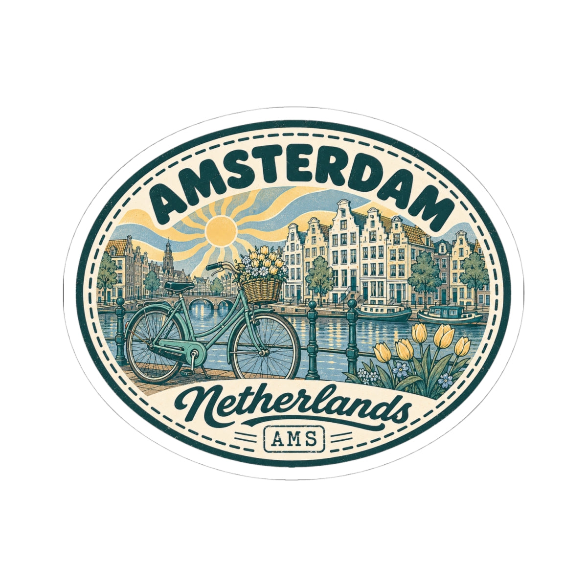 Round Amsterdam Netherlands travel sticker showing a bicycle on a canal with Netherlands AMS.