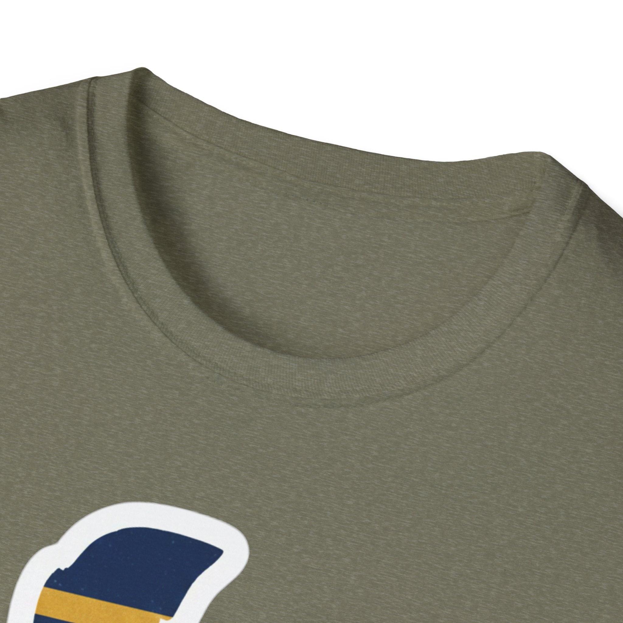 Heather Military Green T-shirt close-up of crew neck and top of Delaware graphic