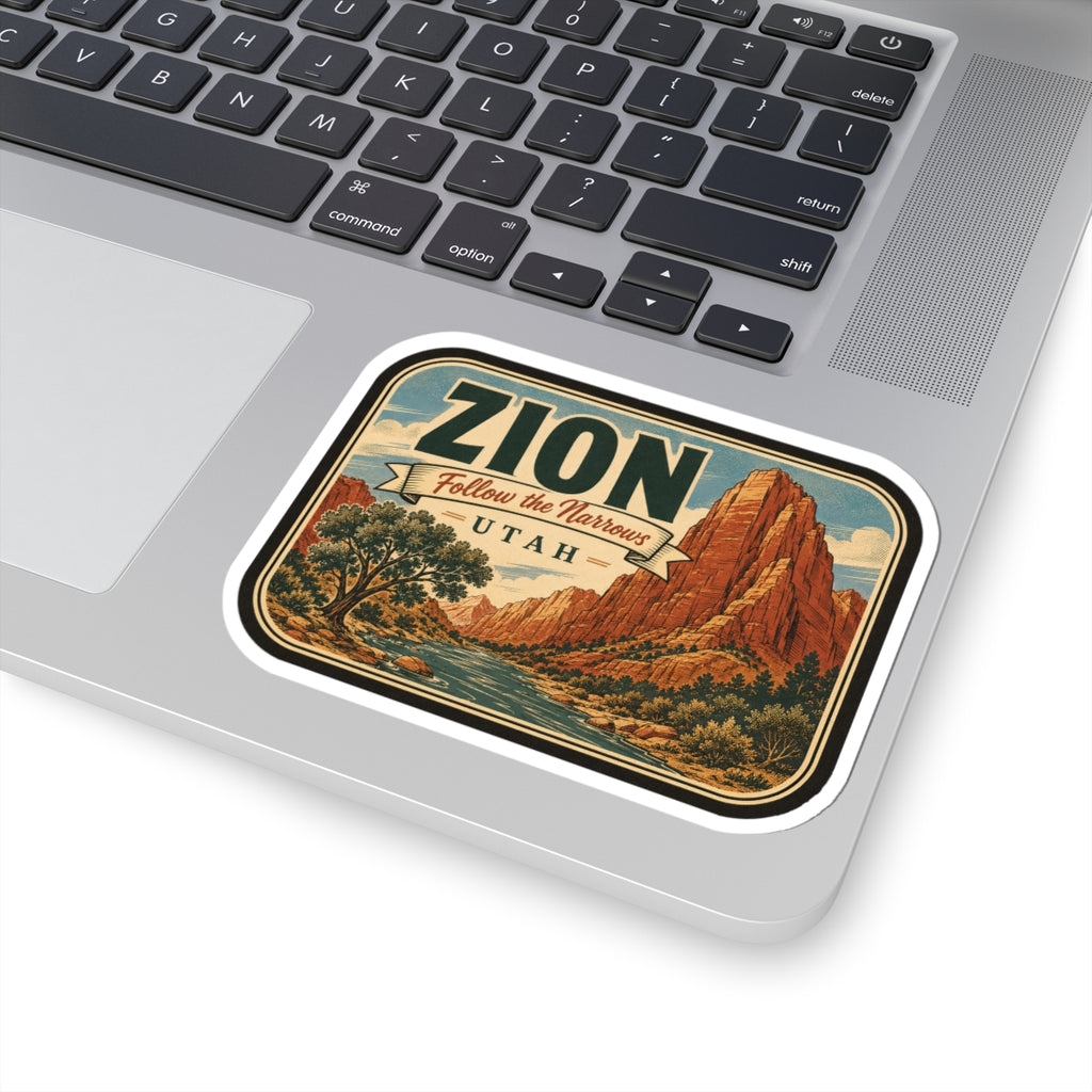 Zion decal centered on laptop, rounded edge sticker with canyon rocks and “Follow the Narrows”