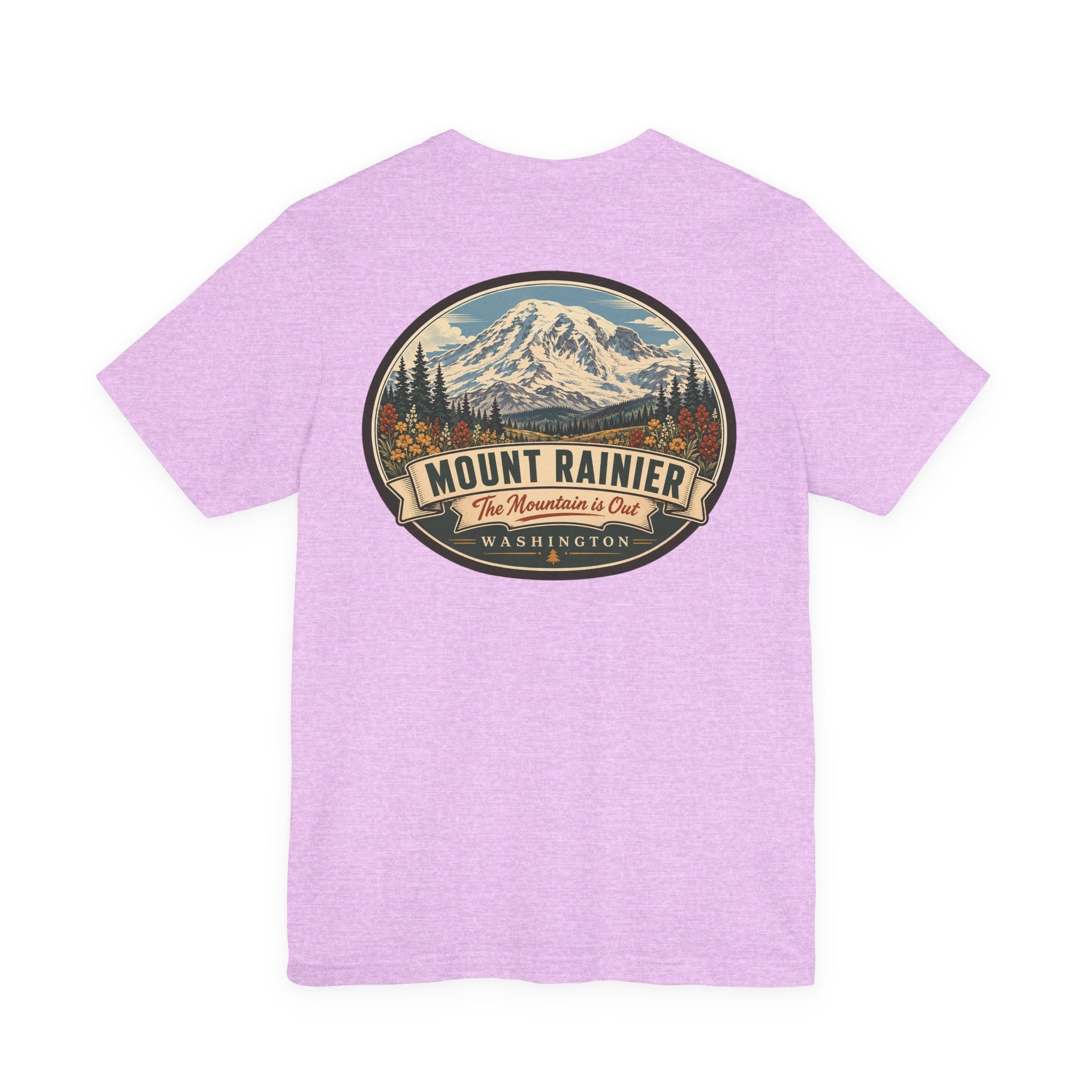 Lavender crewneck T-shirt with large centered circular mountain National Park graphic