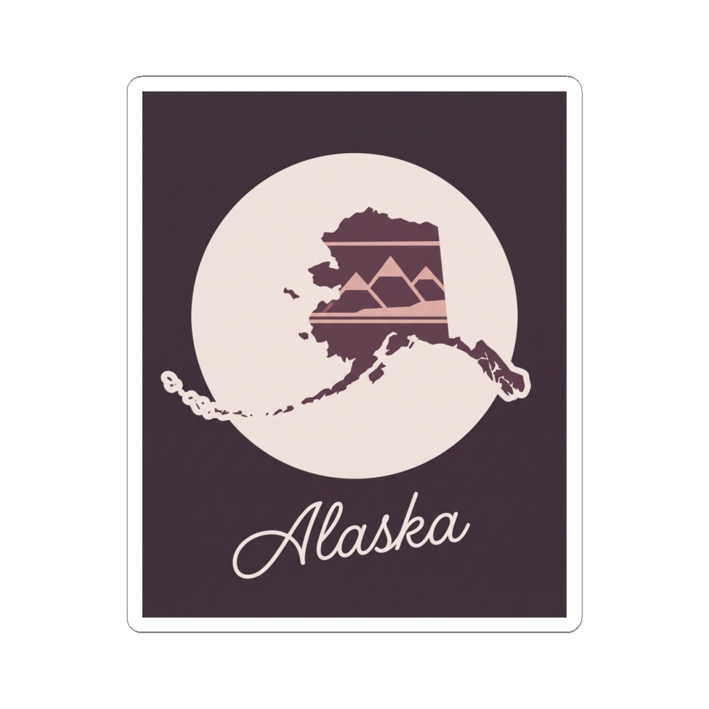 Square Alaska silhouette kiss-cut vinyl decal with moon circle, mauve map lines, cursive Alaska