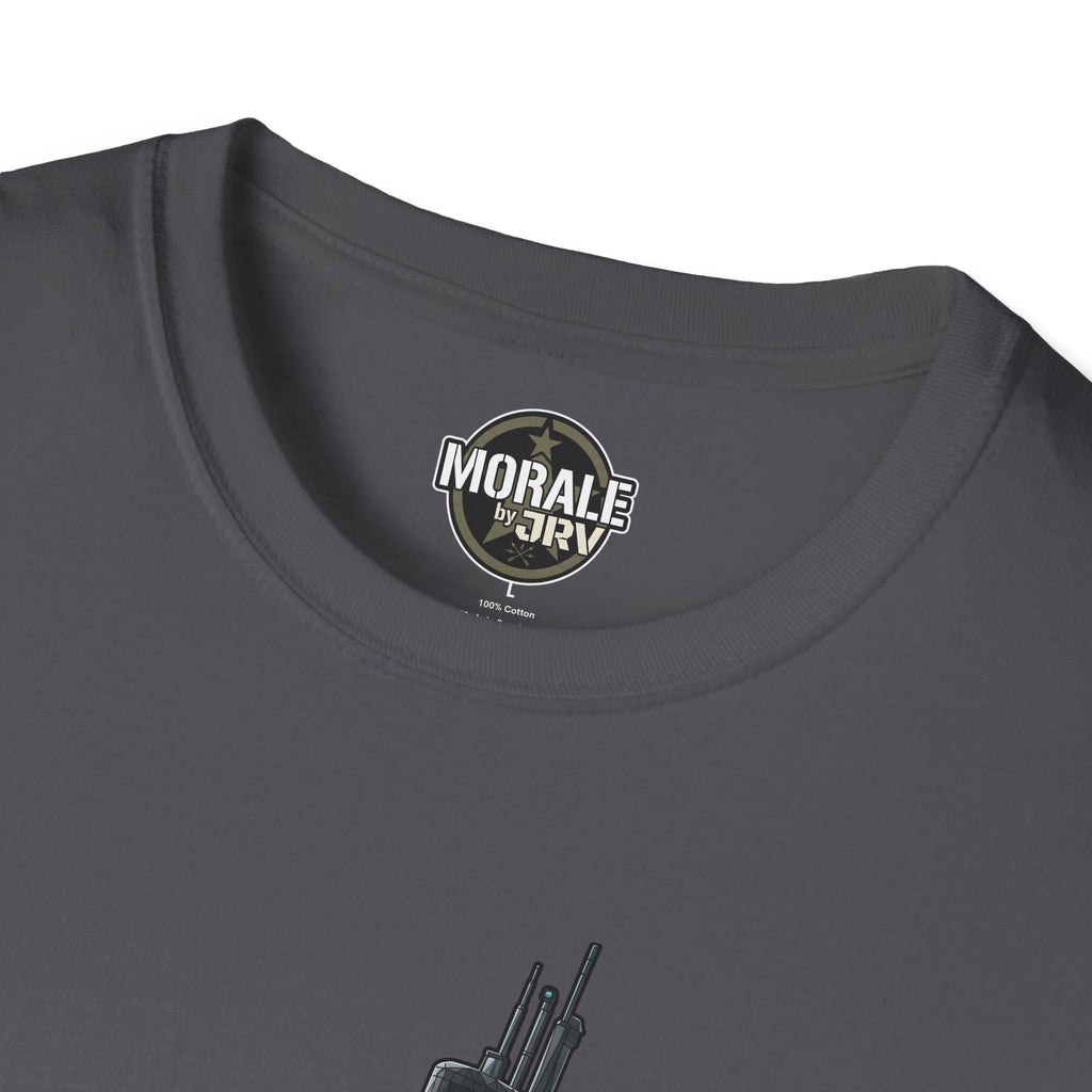 Silent Service T-shirt neckline with small circular logo emblem, charcoal gray