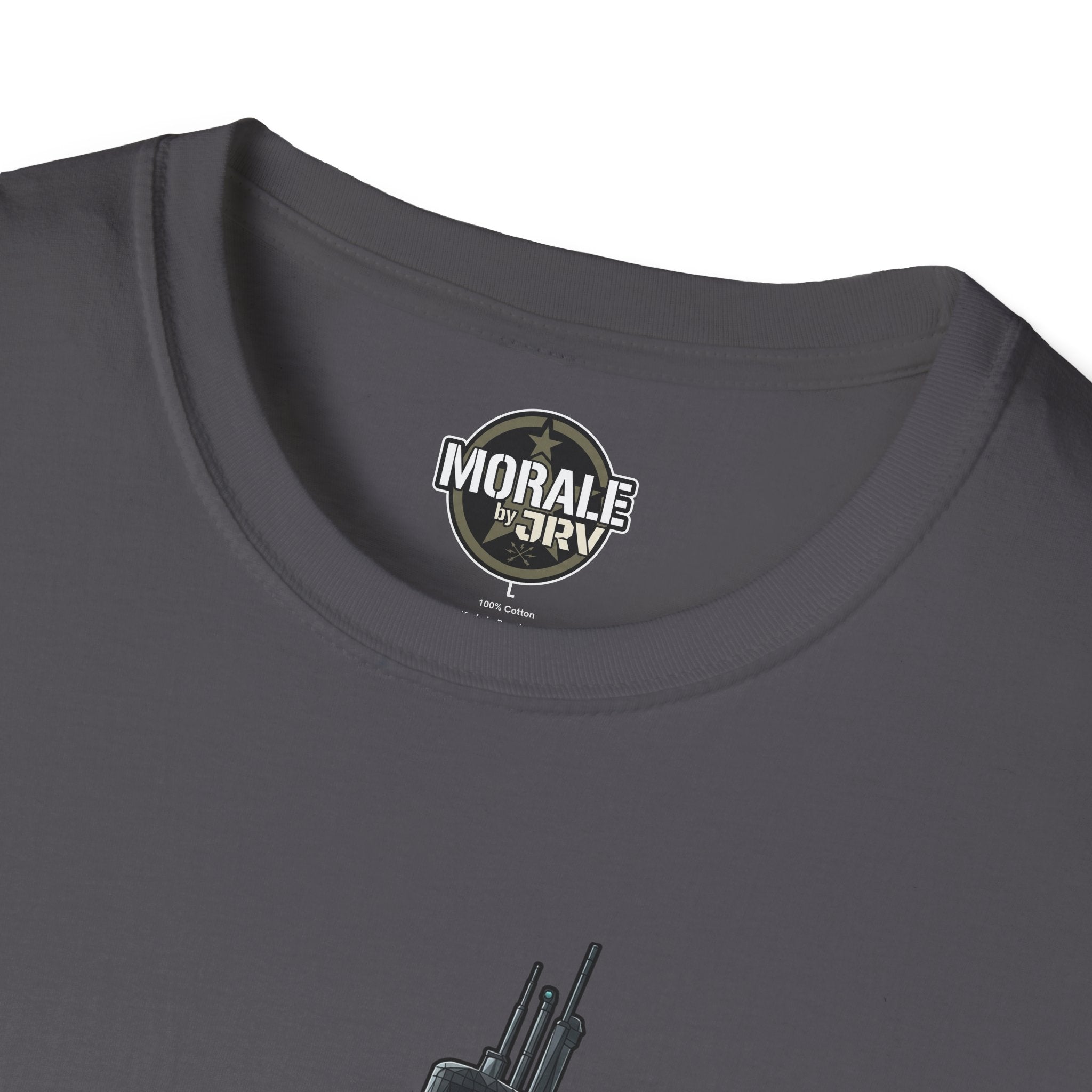 Silent Service T-shirt neckline with small circular logo emblem, charcoal gray