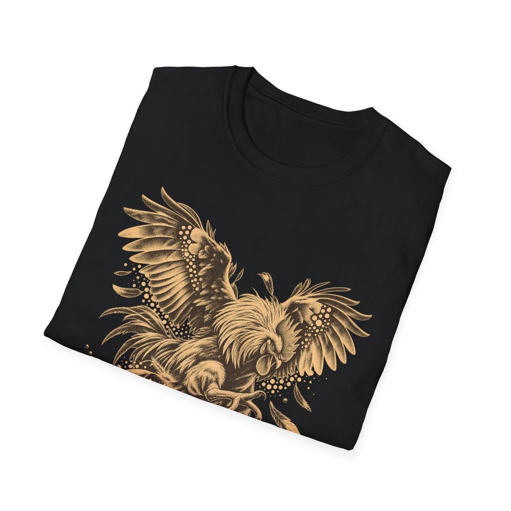 Black crewneck short-sleeve T-shirt with full gold eagle wing graphic
