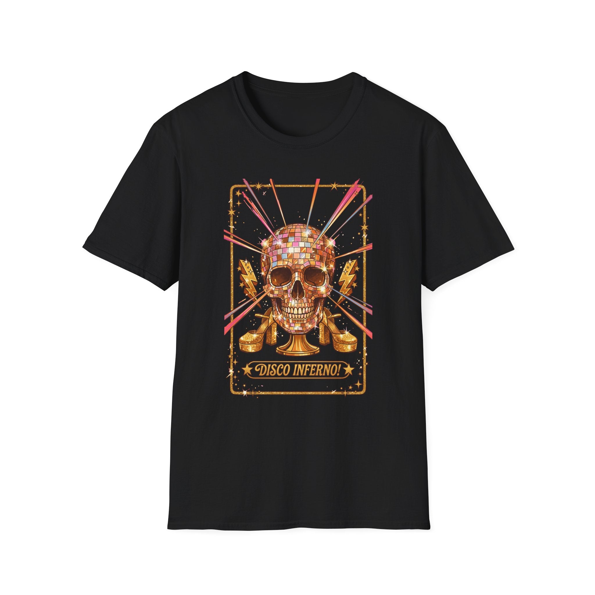 Disco Inferno Skull T-Shirt, black—gold disco skull graphic with rainbow beams