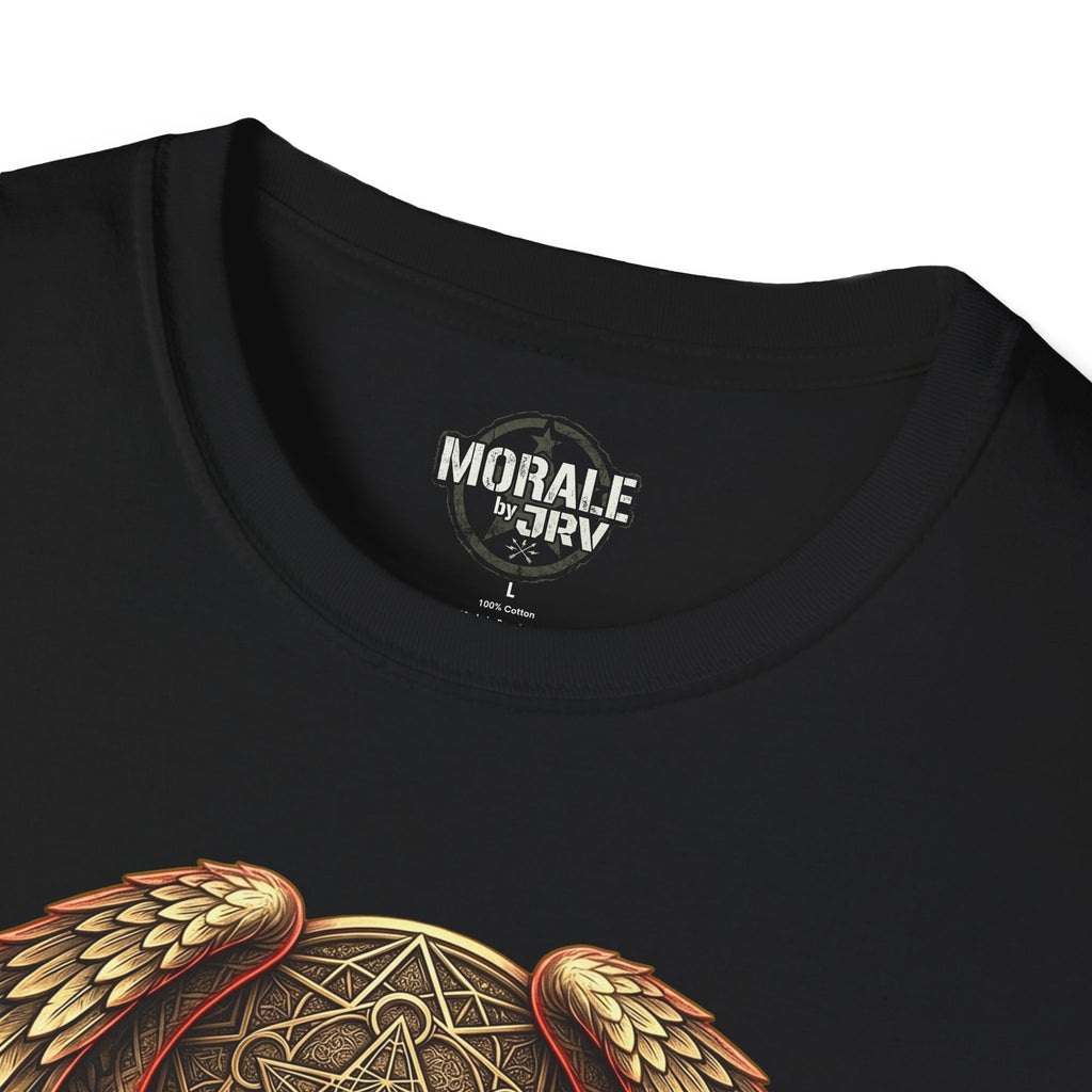 Close-up neckline on black T-shirt with owl shield emblem graphic