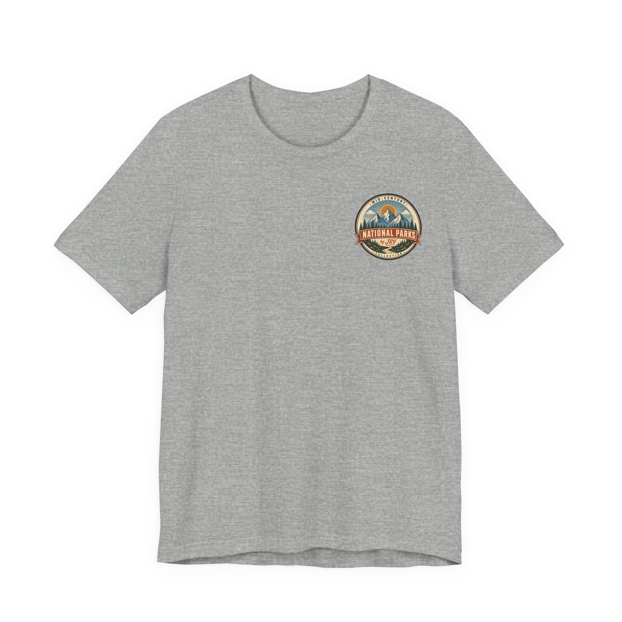 Heather gray Yosemite national park t-shirt with circular retro emblem chest graphic.