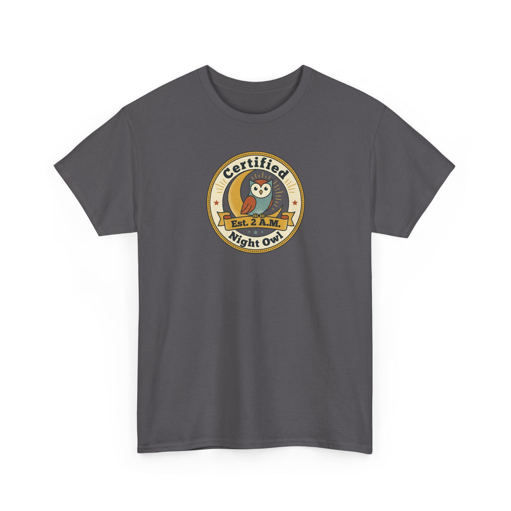 Charcoal T-shirt with 'Certified Night Owl' owl badge graphic on front.