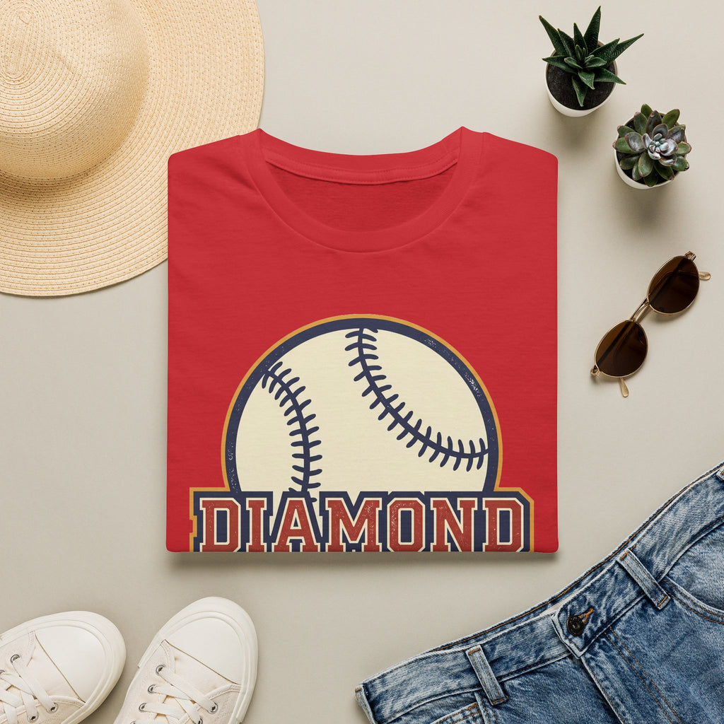 Red baseball T-shirt with “DIAMOND” graphic and two crossed baseballs.