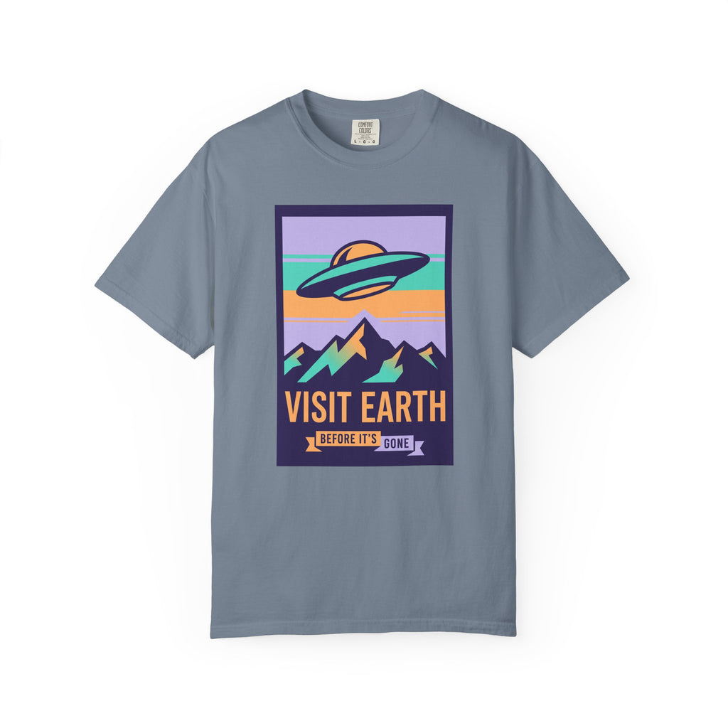 T-shirt with 'Visit Earth' UFO over mountains graphic, slate blue