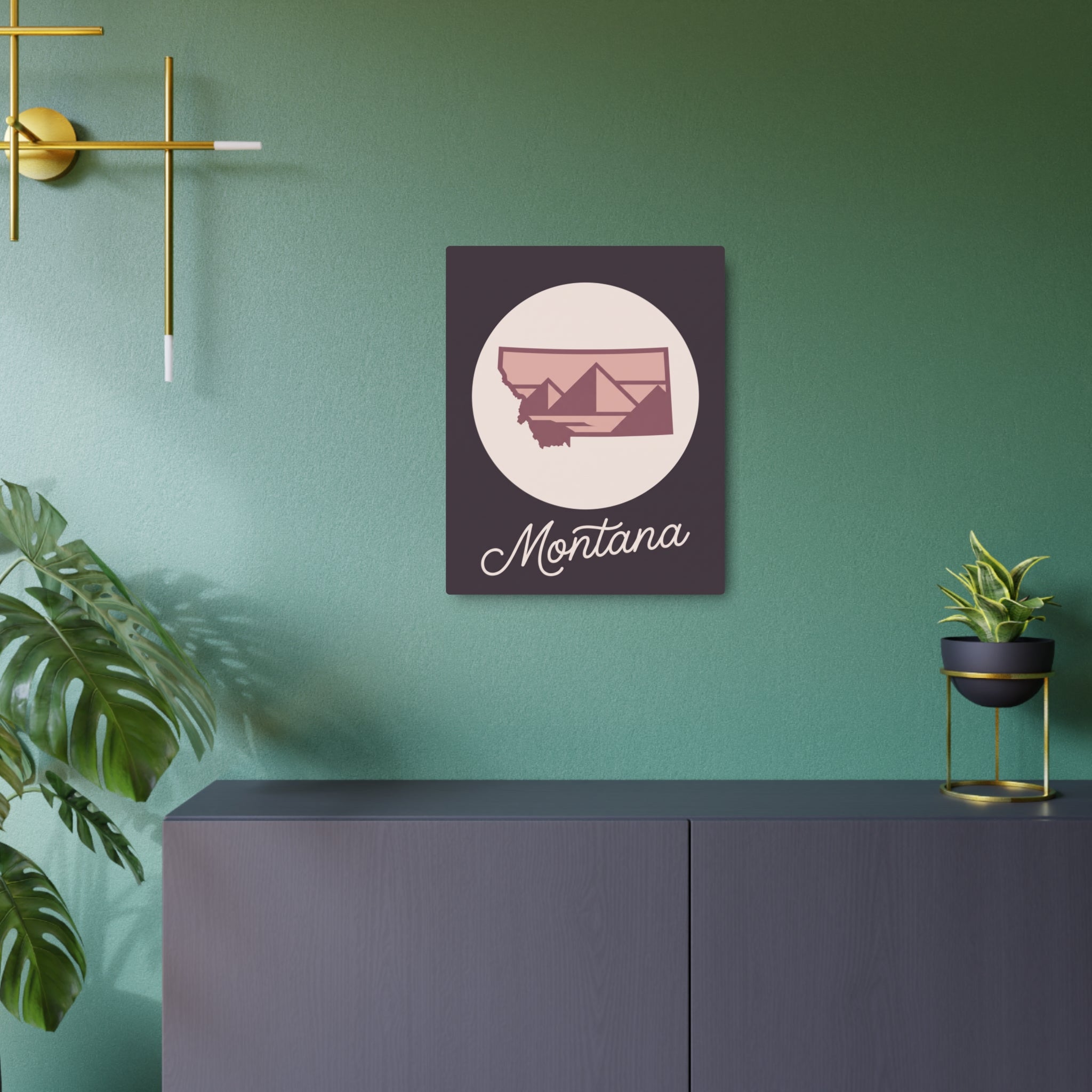 Square mauve Montana metal wall art sign with state silhouette and Montana script