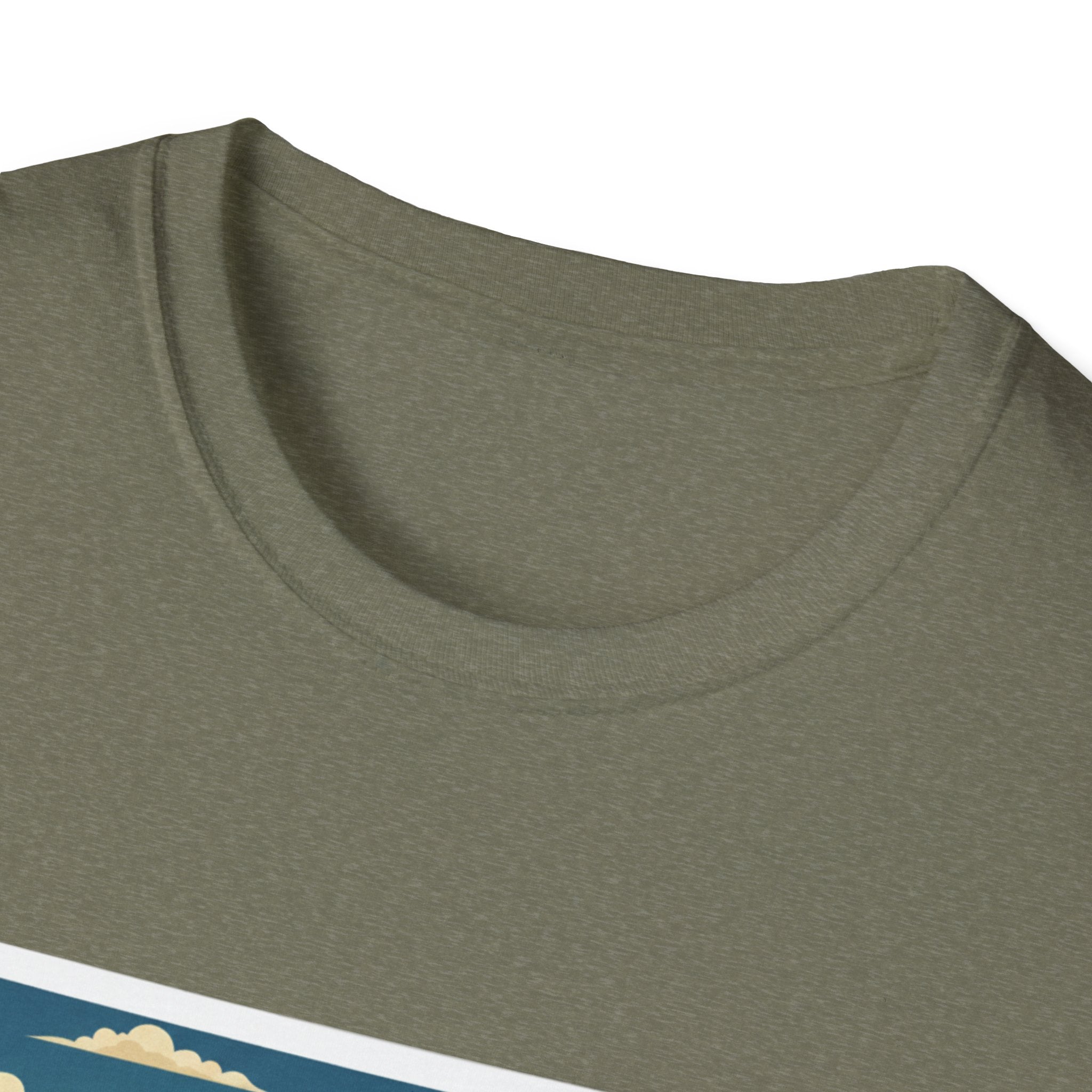 Olive green T-shirt neckline close-up, no visible print