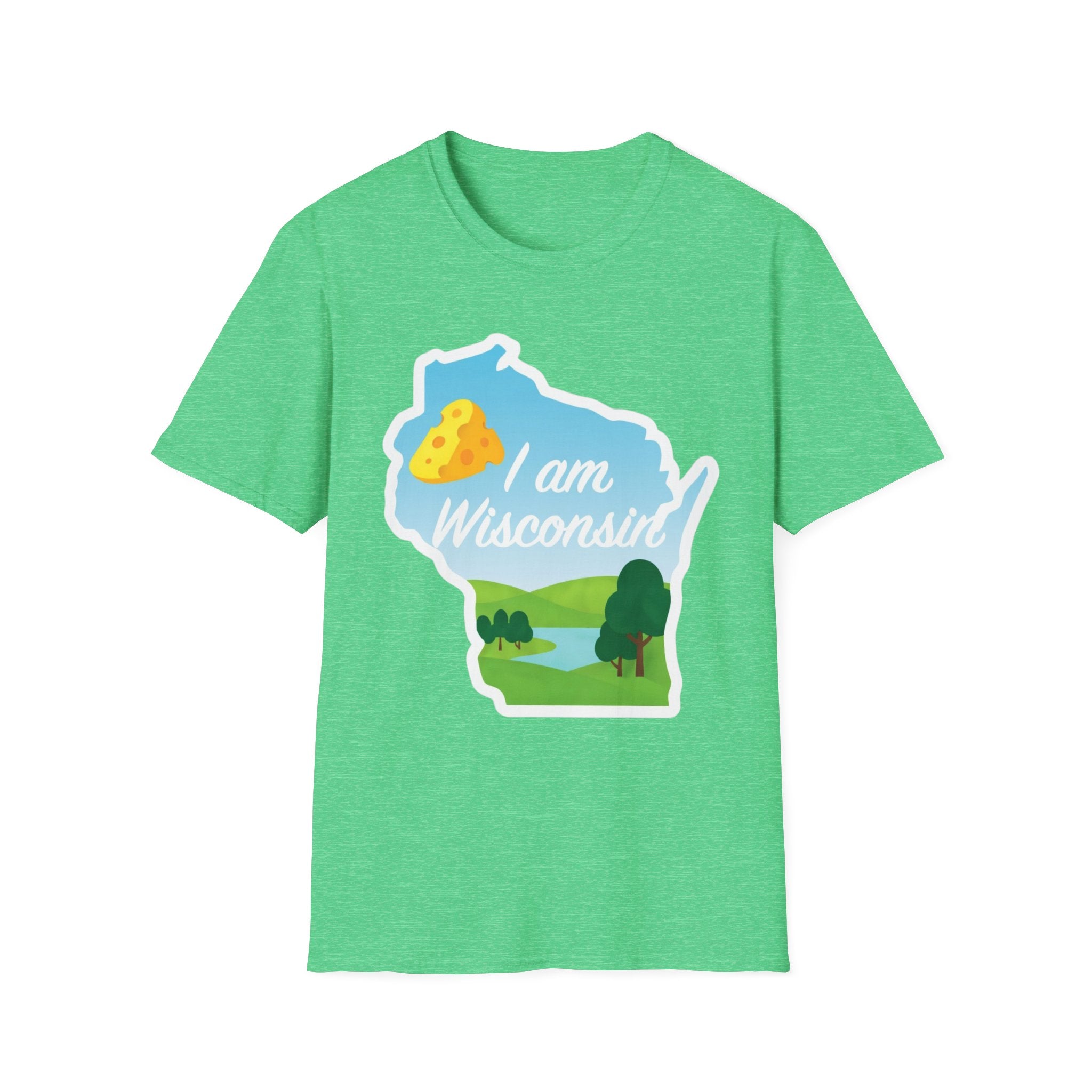 Green T-shirt with Wisconsin outline graphic, cheese & landscape, “I am Wisconsin”