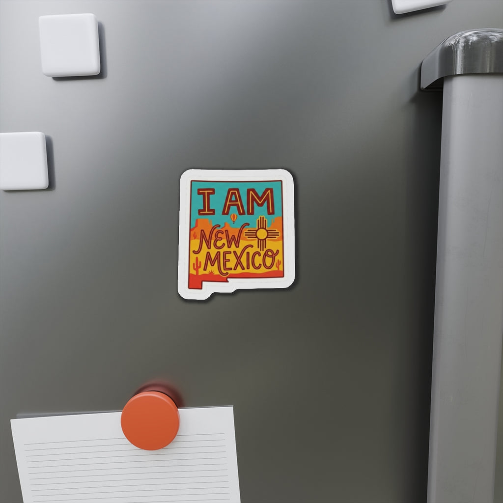 Die-Cut Kühlschrankmagnet „I AM NEW MEXICO“ orange und türkis, schildförmig
