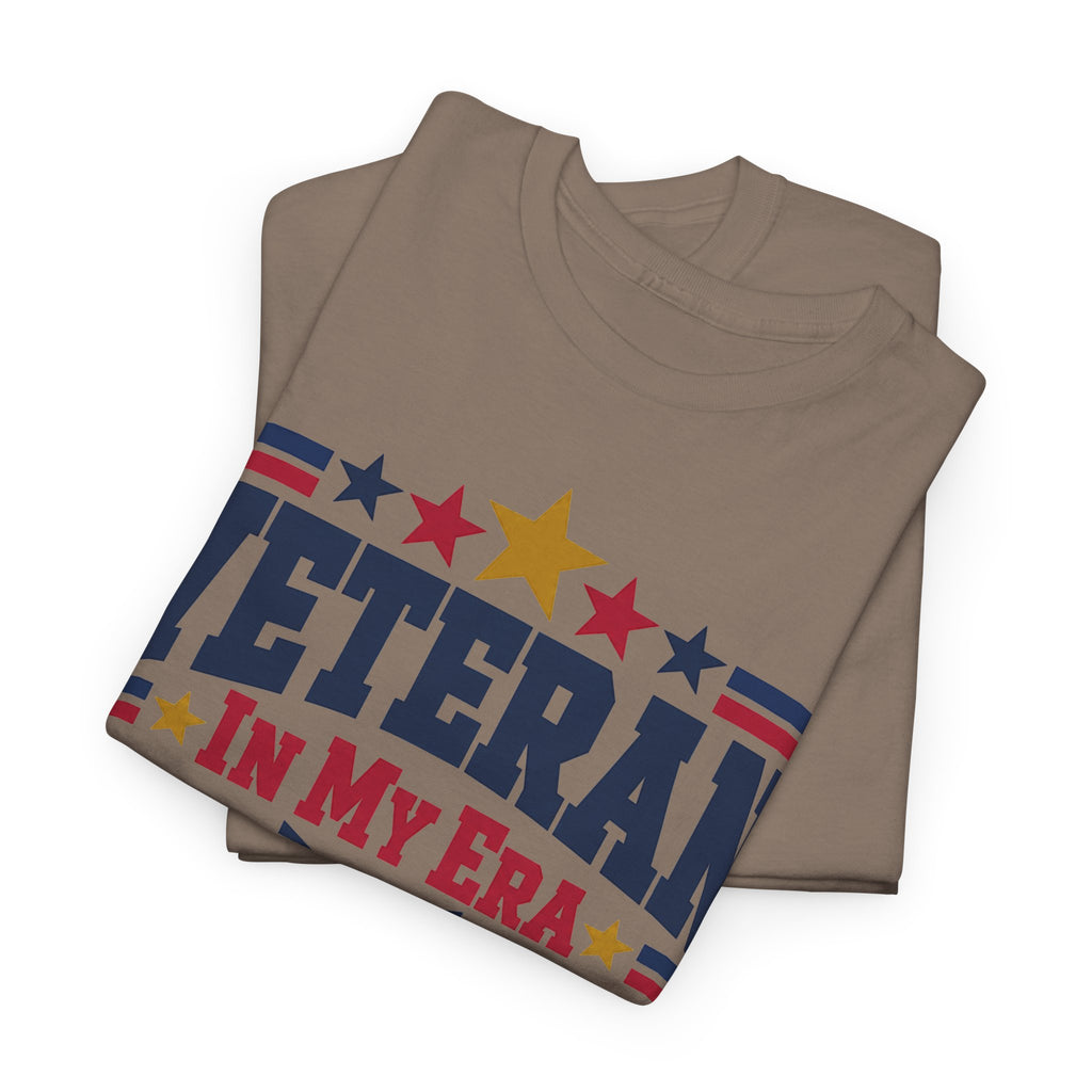 Tan short-sleeve T-shirt with patriotic star and stripe front graphic