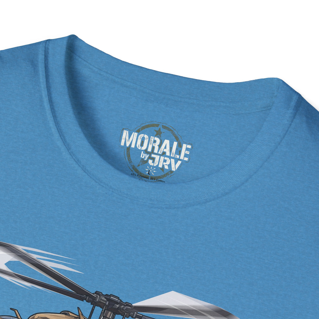UH-60 Black Hawk T-Shirt, blue crew neck with “Morale by 3DRV” logo