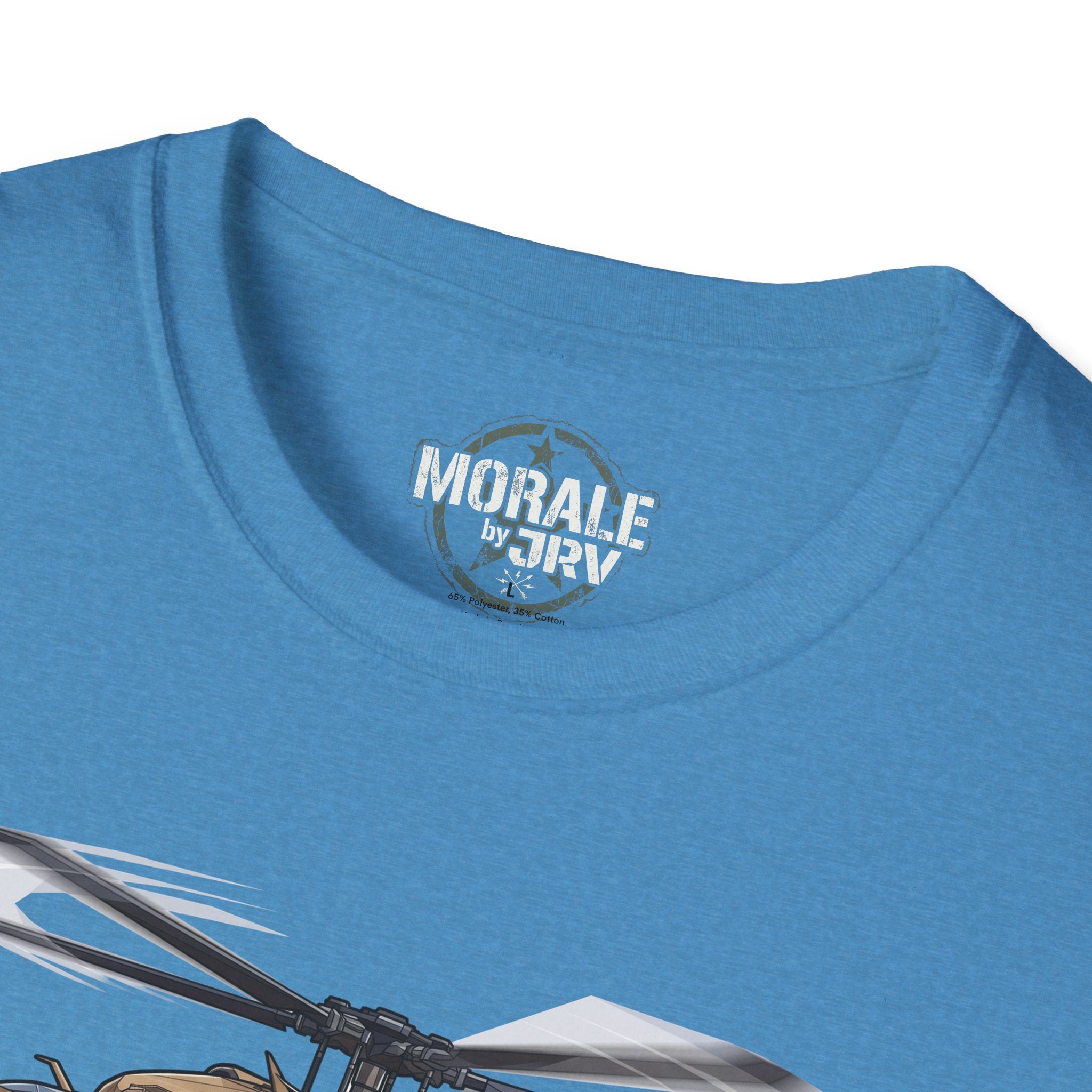 UH-60 Black Hawk T-Shirt, blue crew neck with “Morale by 3DRV” logo