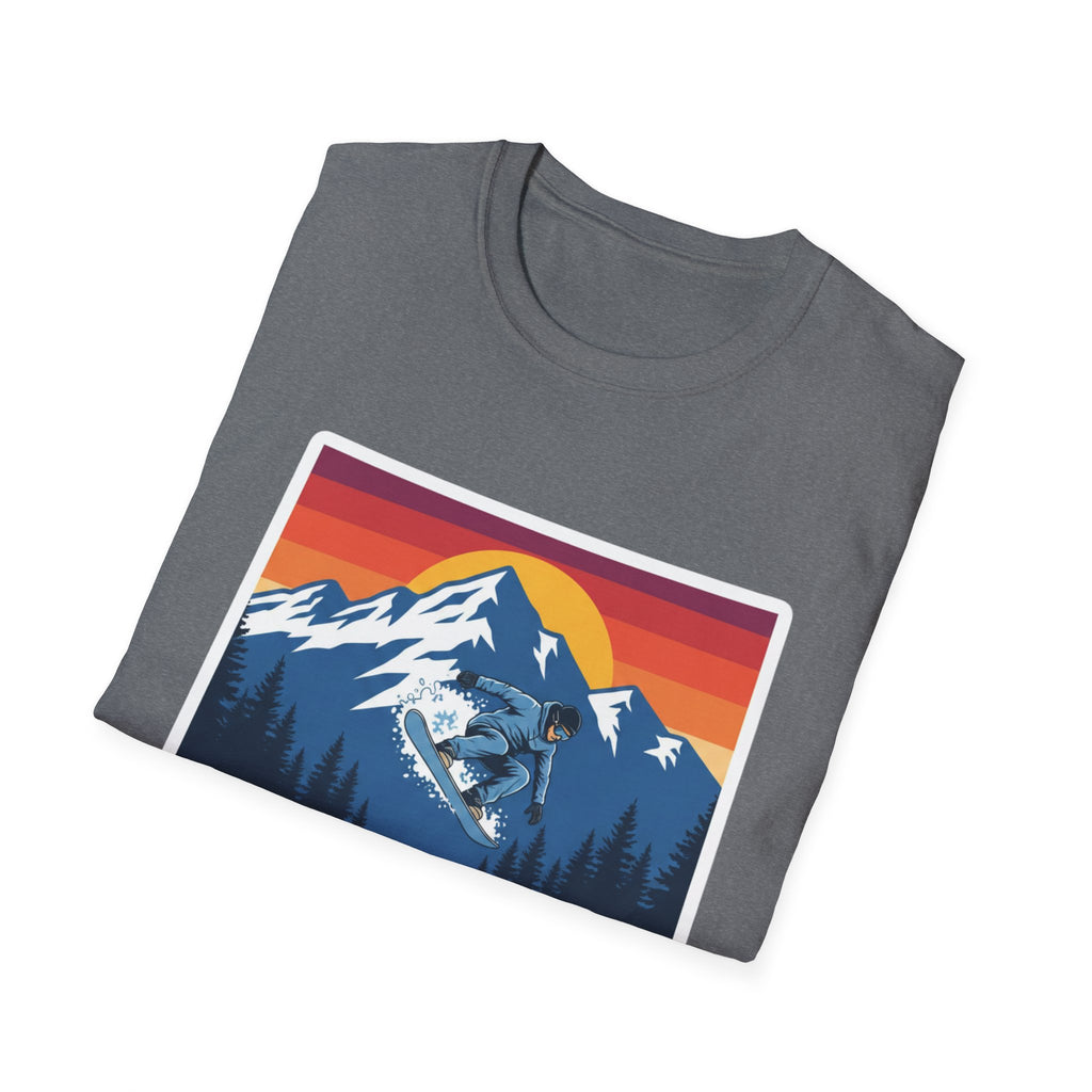 Graphite Heather T-shirt with Colorado mountain sunset graphic
