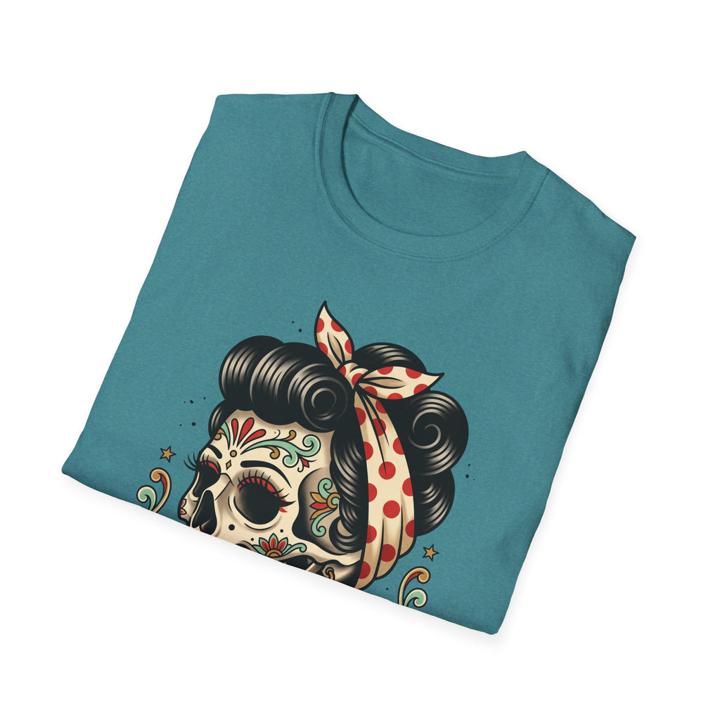 Teal T-shirt close-up of bow and curled hair on sugar skull design