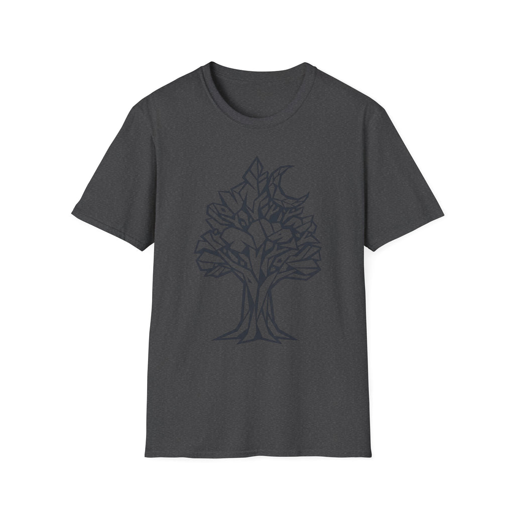 Dark heather gray T-shirt with geometric tree moon botanical line art graphic on chest