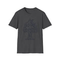 Dark heather gray T-shirt with geometric tree moon botanical line art graphic on chest