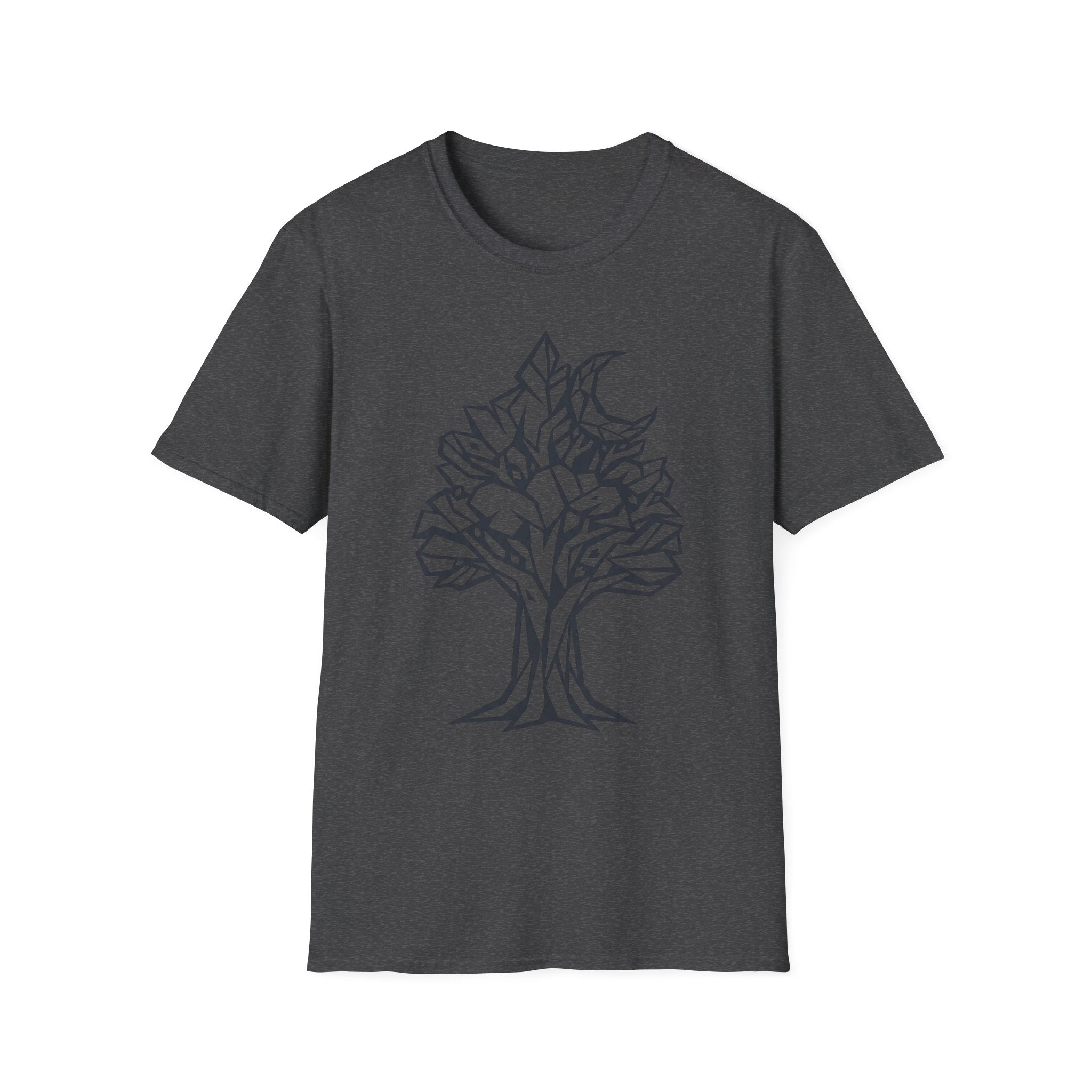 Dark heather gray T-shirt with geometric tree moon botanical line art graphic on chest