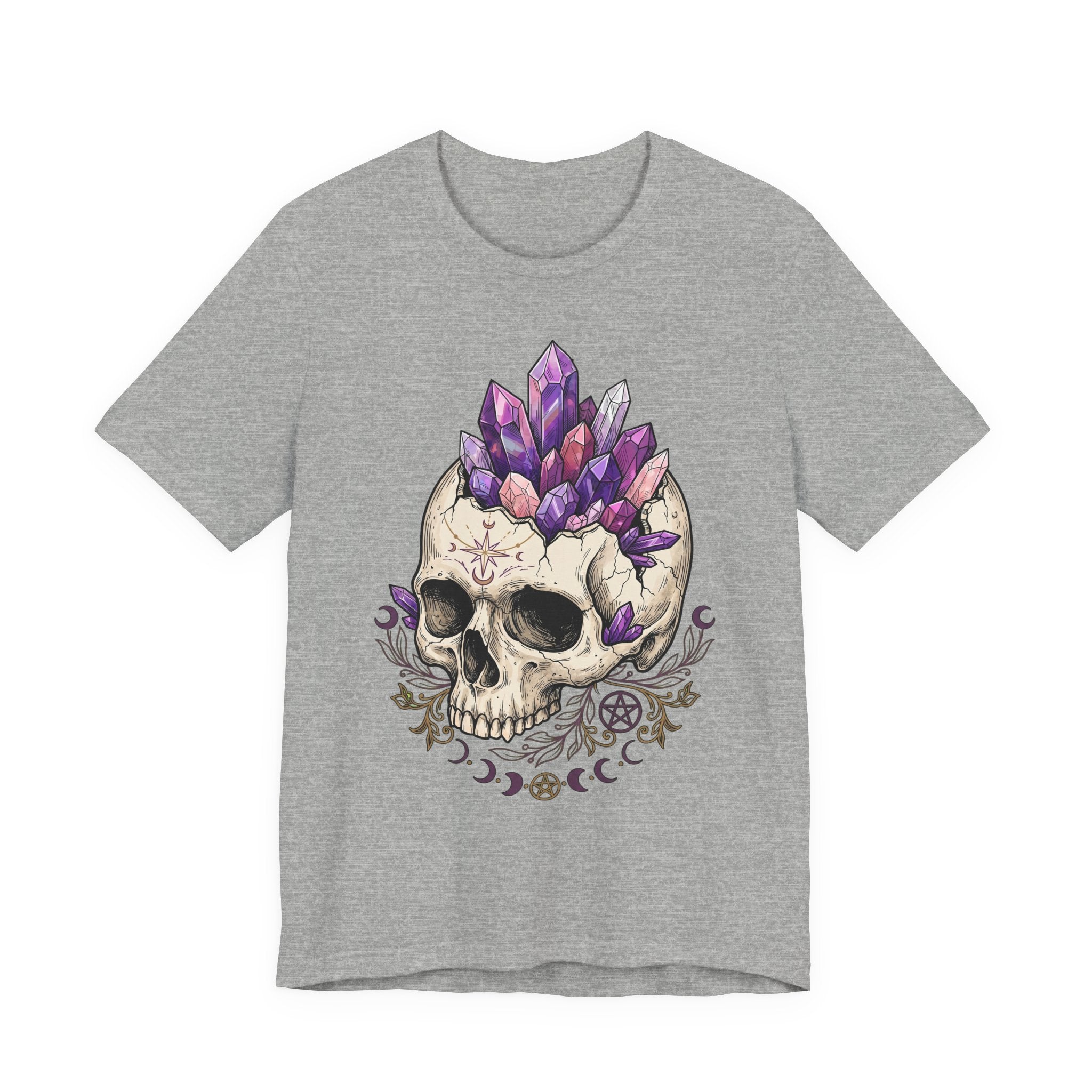 Athletic heather gray unisex T-shirt with purple crystal skull front design