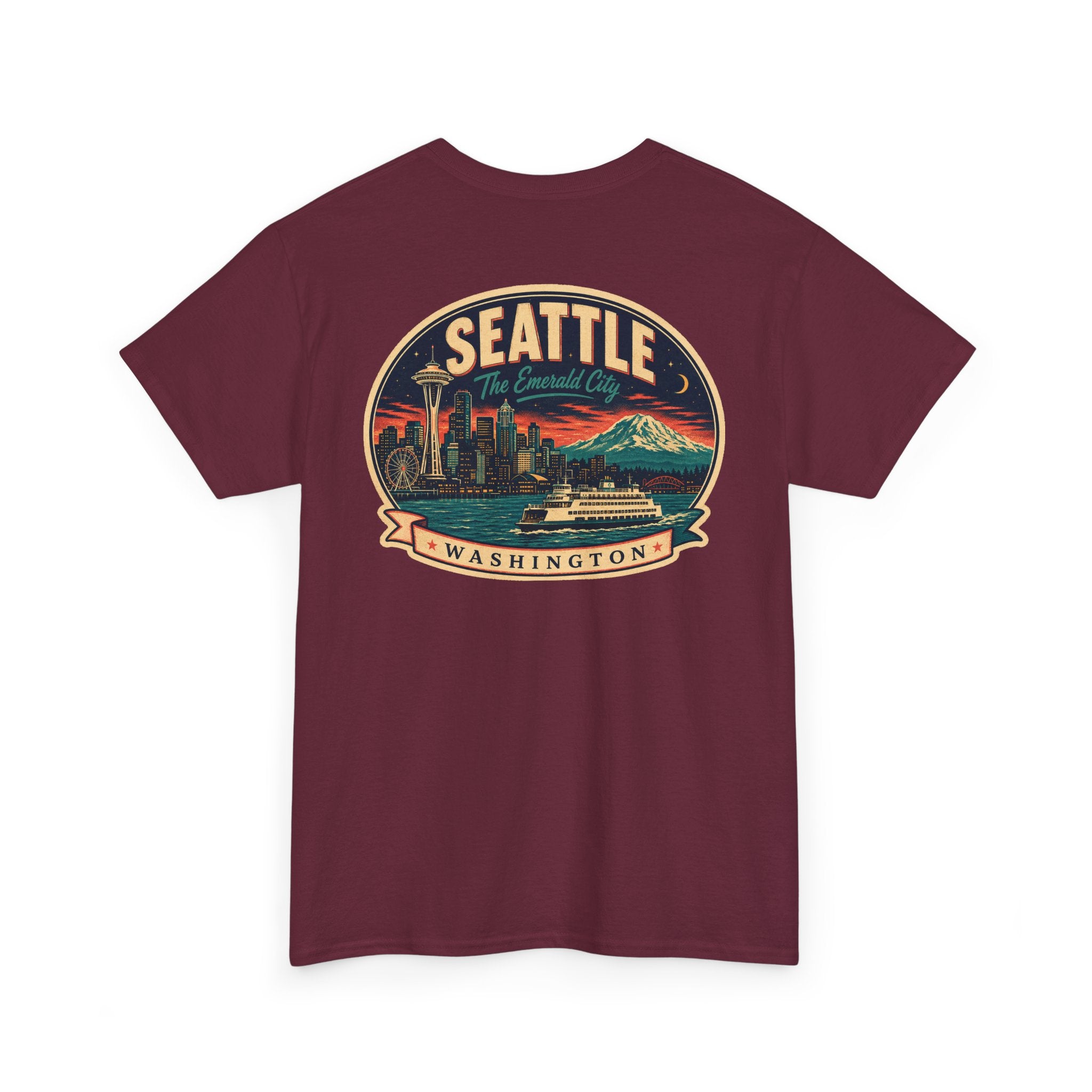 Maroon Seattle logo T-shirt with retro skyline badge graphic