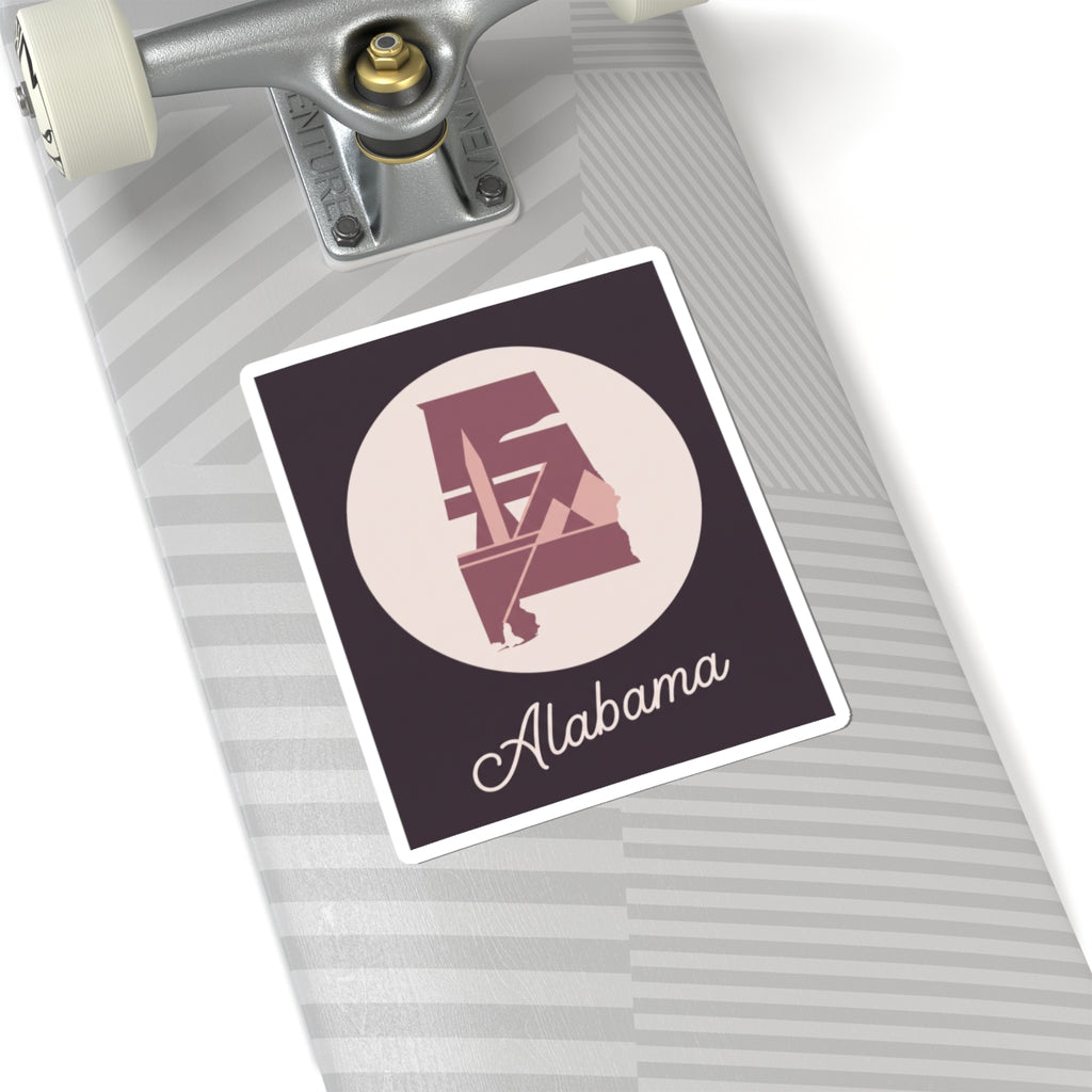 Mauve Alabama silhouette vinyl decal with 'Alabama' script on dark rectangle, cream circle