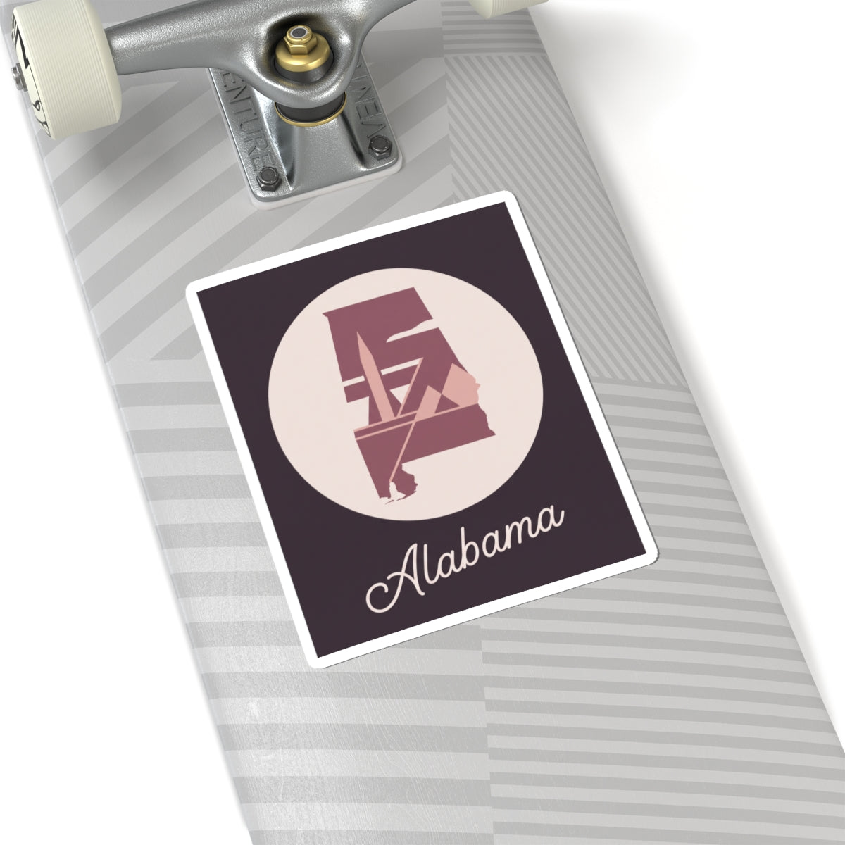 Mauve Alabama silhouette vinyl decal with 'Alabama' script on dark rectangle, cream circle