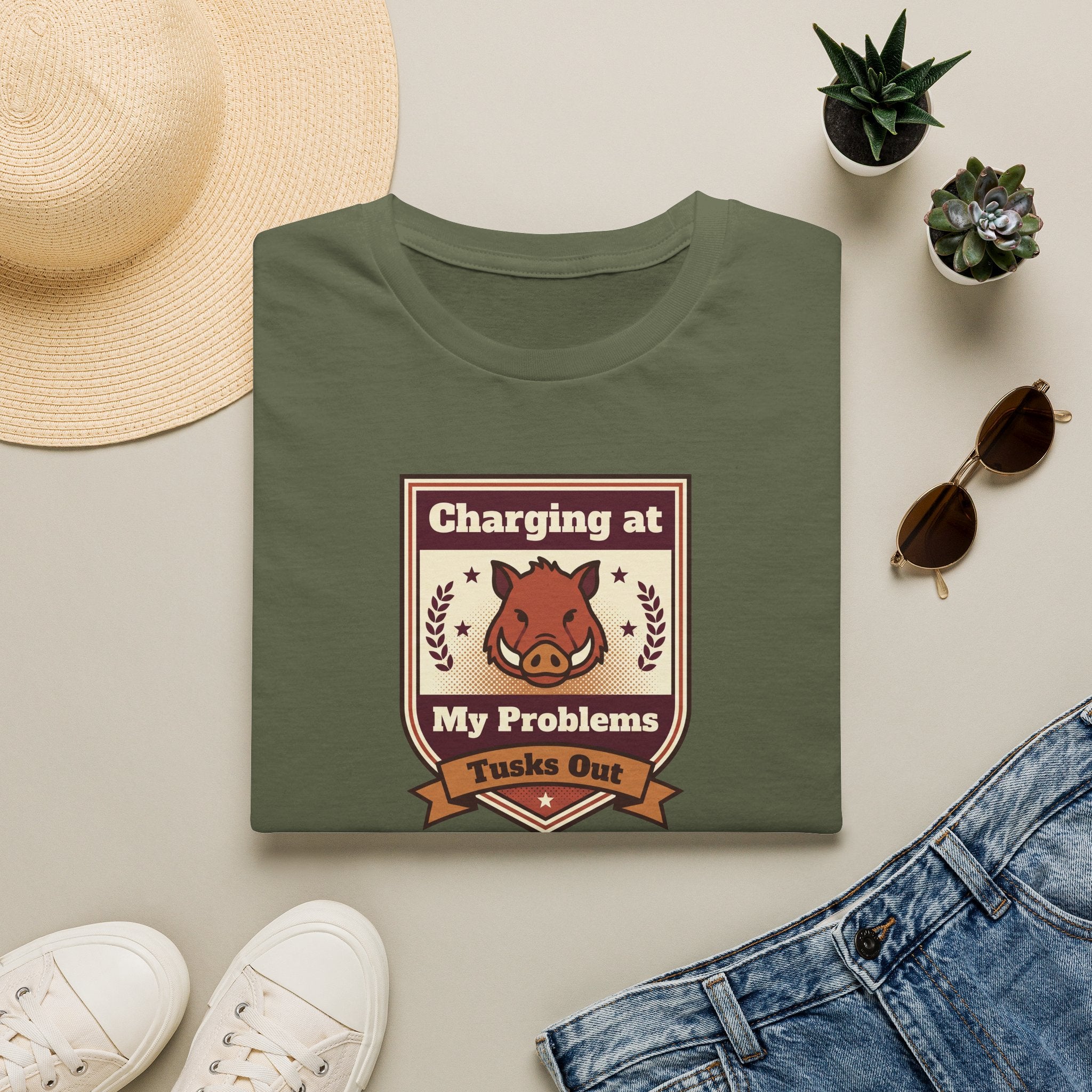 Olive green crew-neck T-shirt with charging wild boar crest graphic