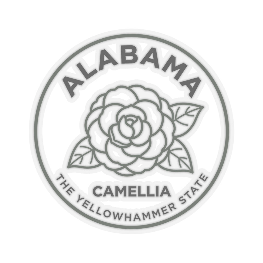 Round Alabama camellia state flower decal with CAMELLIA and THE YELLOWHAMMER STATE lettering