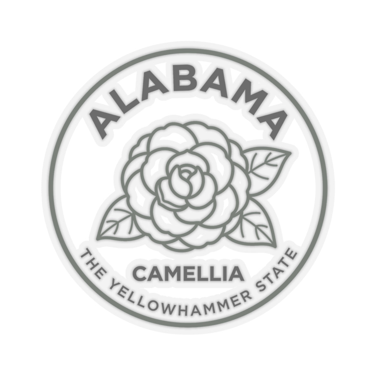Round Alabama camellia state flower decal with CAMELLIA and THE YELLOWHAMMER STATE lettering