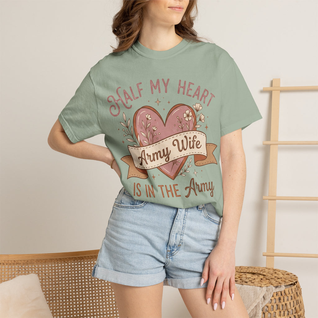 Sage green T-shirt worn by model with half-heart 'Army Wife' and 'In the Army' text