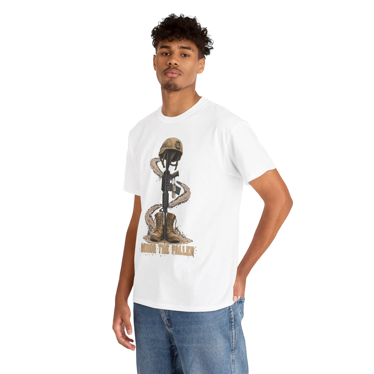 White crewneck T-shirt worn by model with helmet-and-rifle graphic