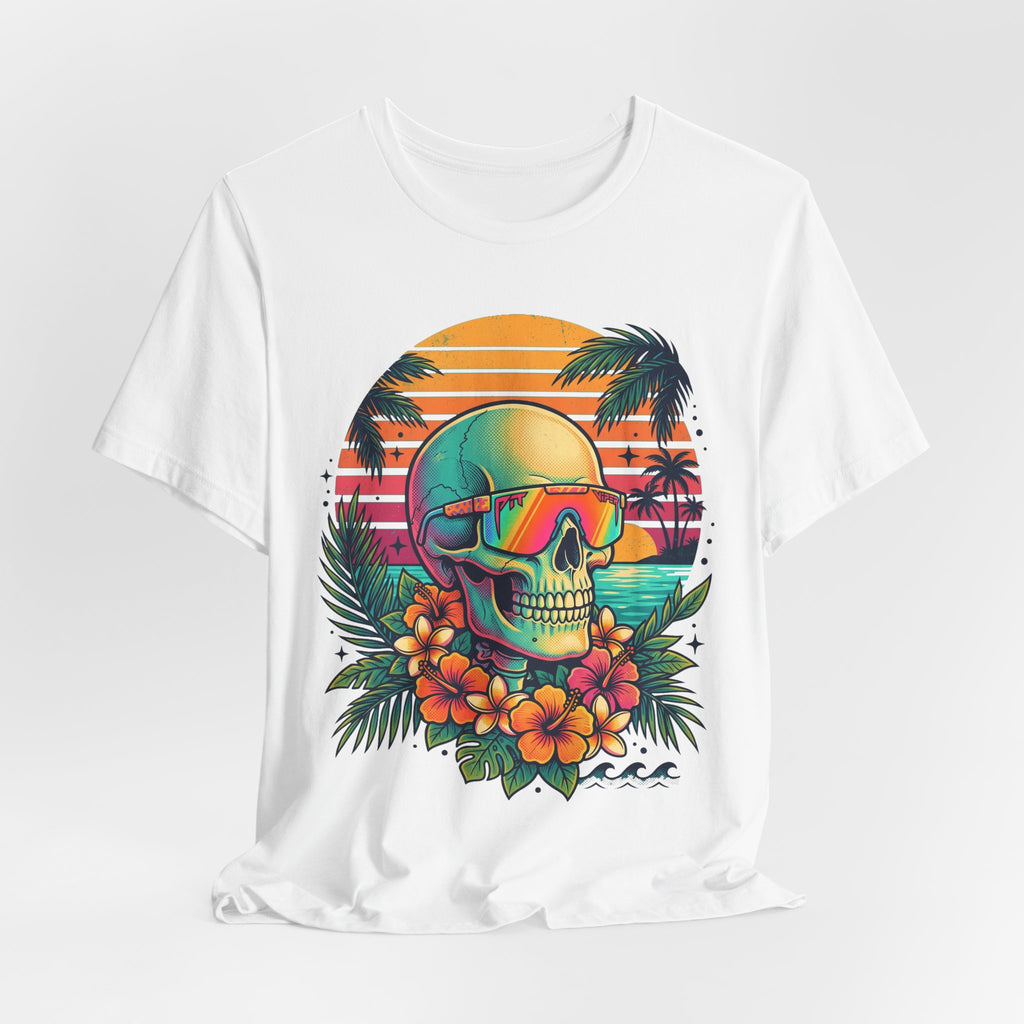 White T-shirt with tropical skull wearing sunglasses and flowers, retro sunset palm scene