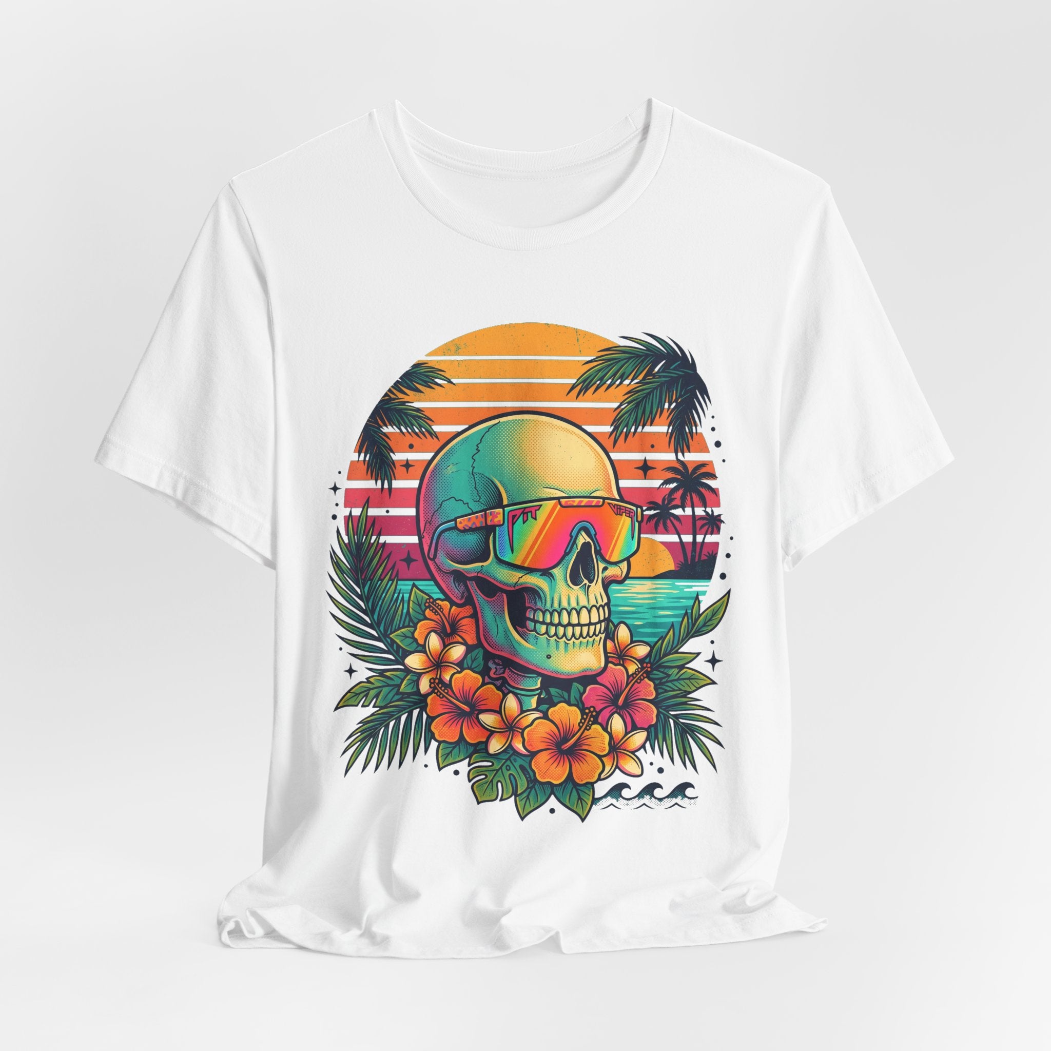 White T-shirt with tropical skull wearing sunglasses and flowers, retro sunset palm scene
