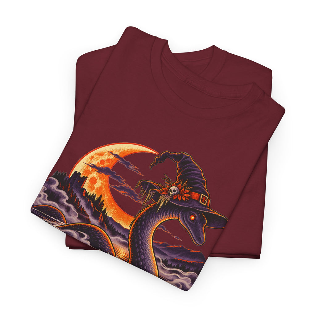 Burgundy Halloween cryptid T-shirt with colorful Nessie creature and moon graphic