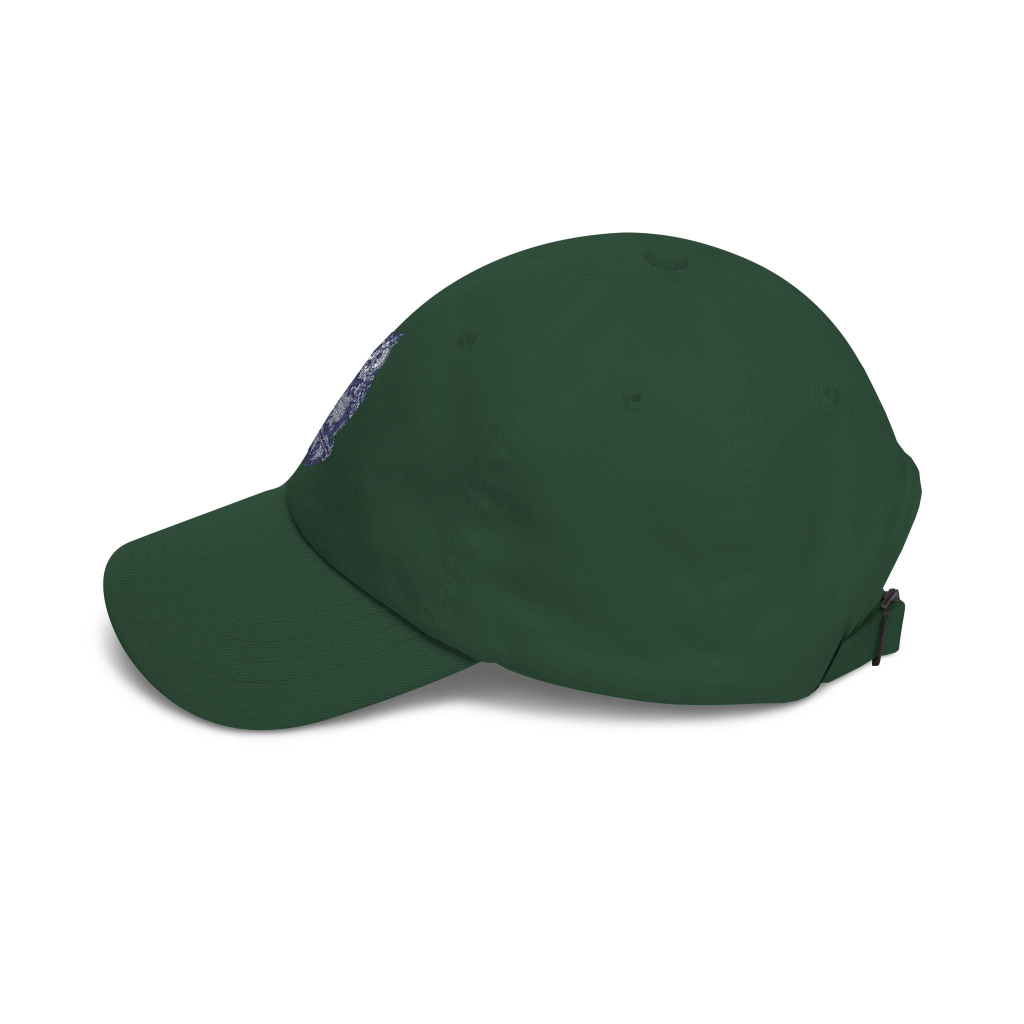 Forest green dad cap with embroidered owl detail on side, curved brim