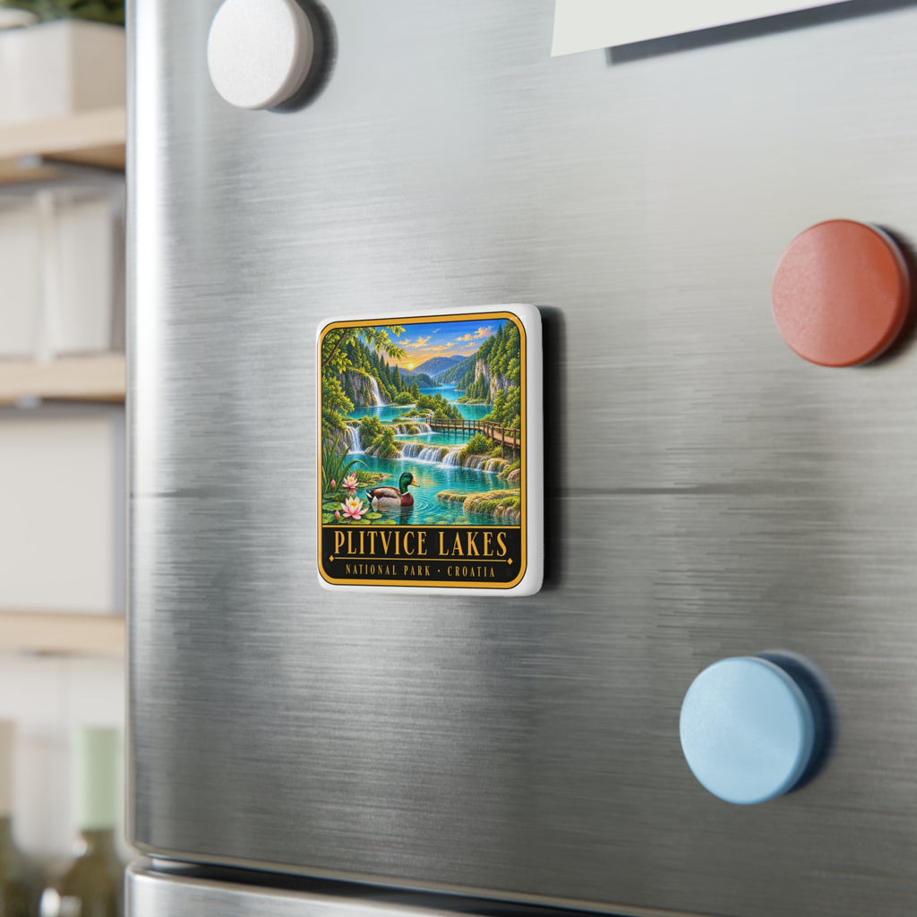 Square porcelain fridge magnet with waterfall landscape art on stainless fridge