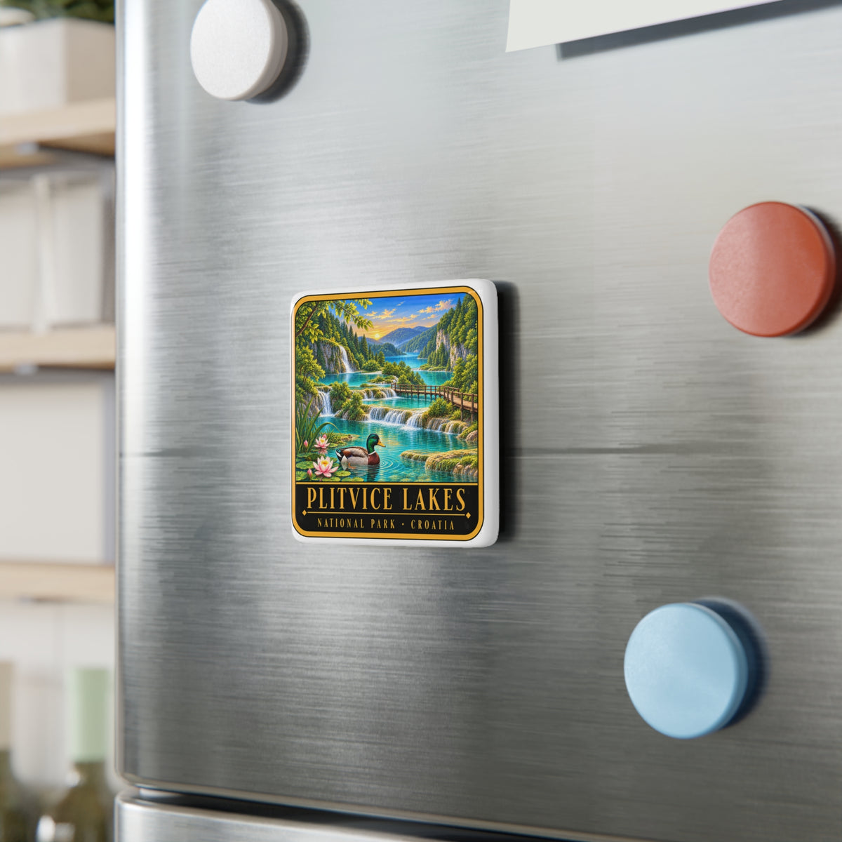 Square porcelain fridge magnet with waterfall landscape art on stainless fridge