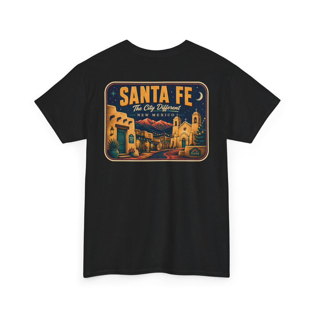 Black T-shirt with Santa Fe vintage luggage tag graphic on chest