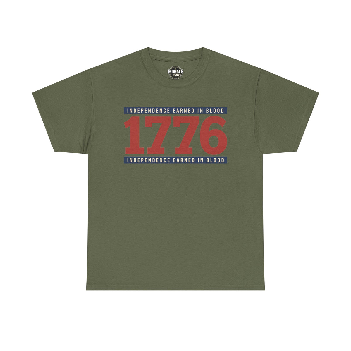 Military green graphic t-shirt with centered '1776' and blue/red banner text