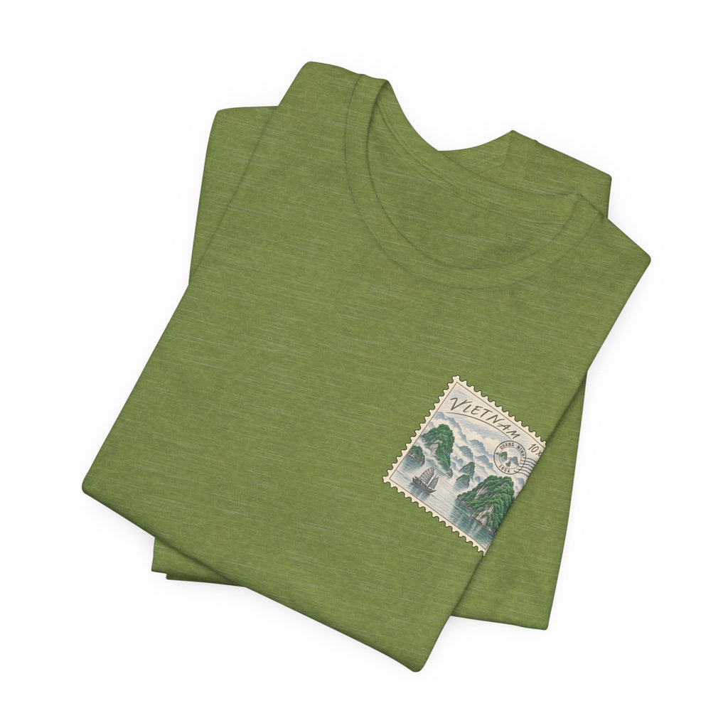 Olive green vintage travel T-shirt with Vietnam postage-stamp style front graphic