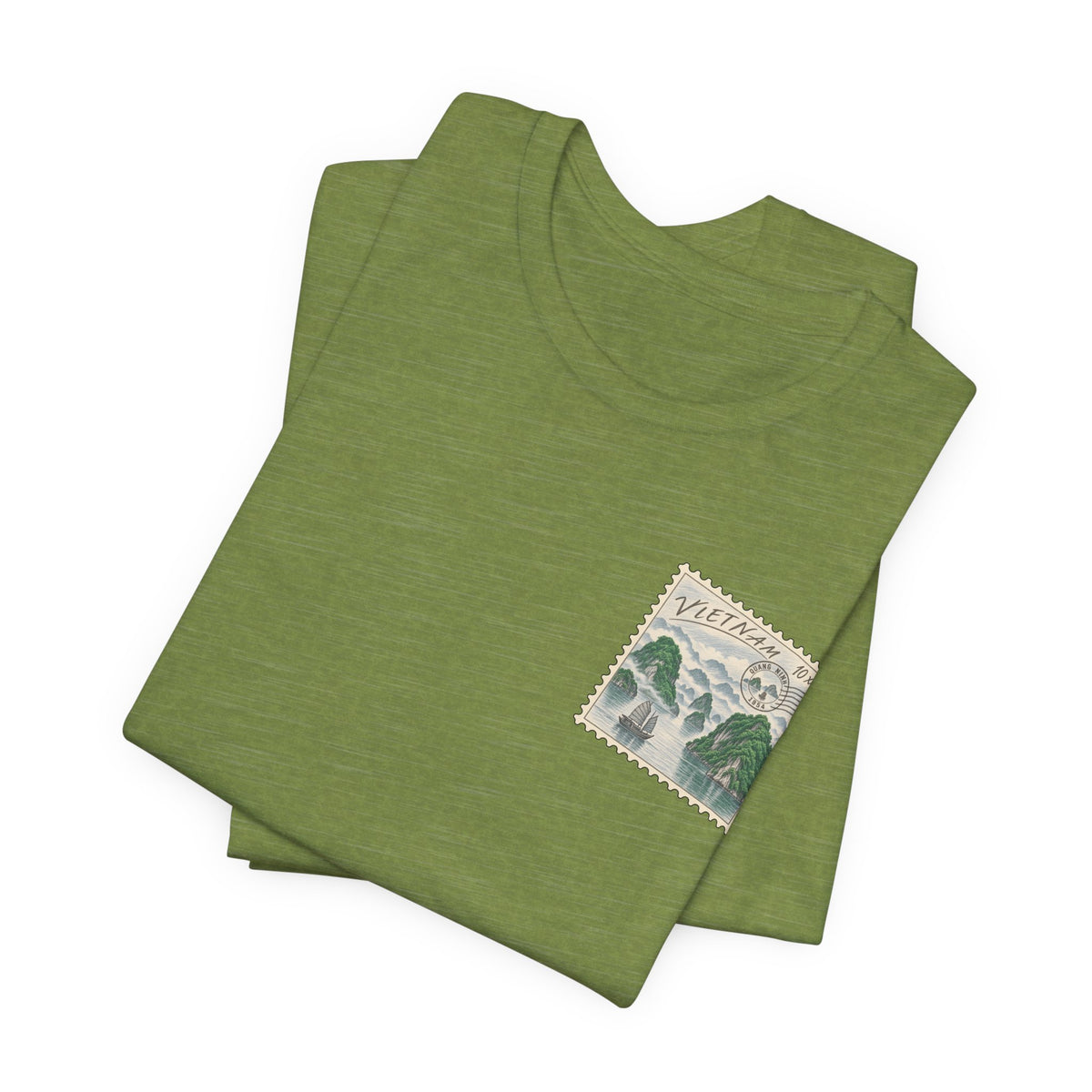 Olive green vintage travel T-shirt with Vietnam postage-stamp style front graphic