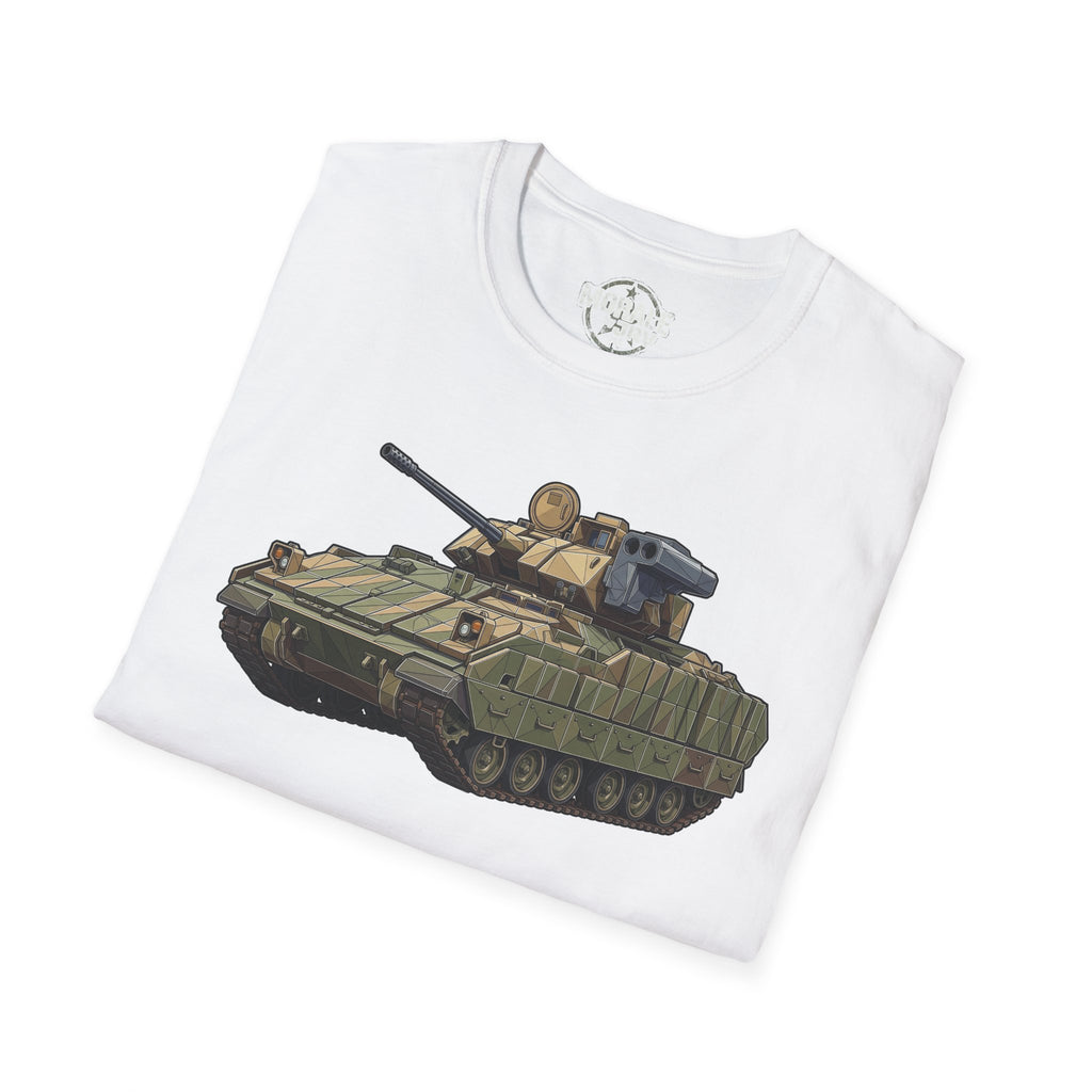 Weiße Tank-T-Shirt mit Panzer-Grafik in Olivgrün, Braun und Dunkelgrau