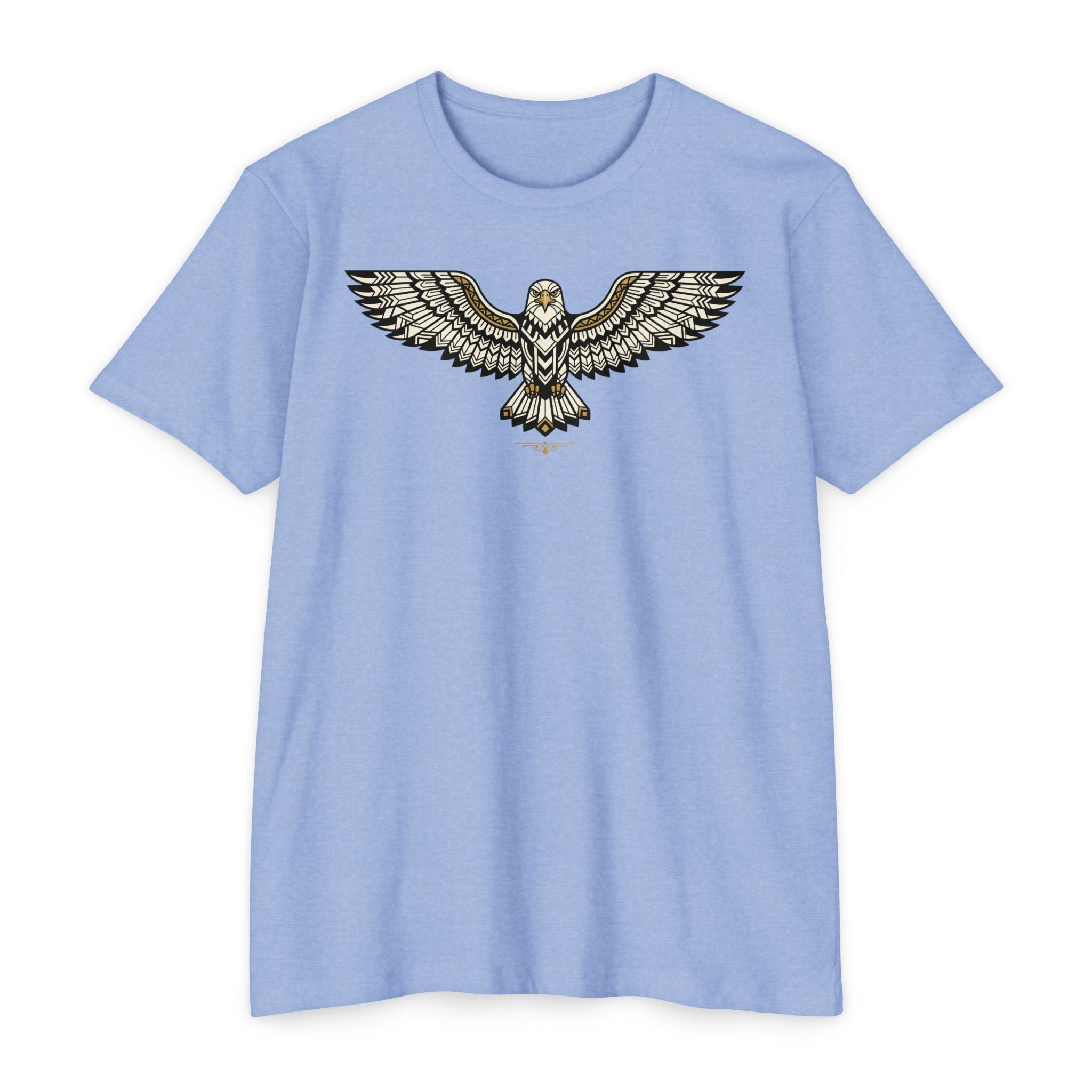 Light blue T-shirt with centered owl wing illustration graphic across the chest